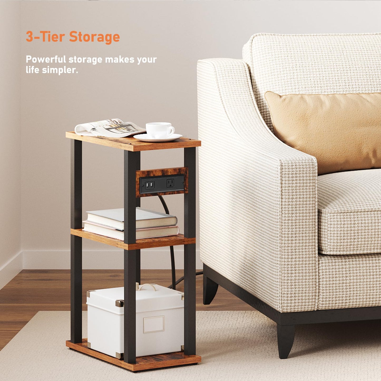 TUTOTAK Small Narrow Side Table with Charging Station, Skinny End Table for Small Spaces, Slim Nightstand with USB Ports and Outlet, Sofa Beside Table with Wheels, Brown TB01BB046
