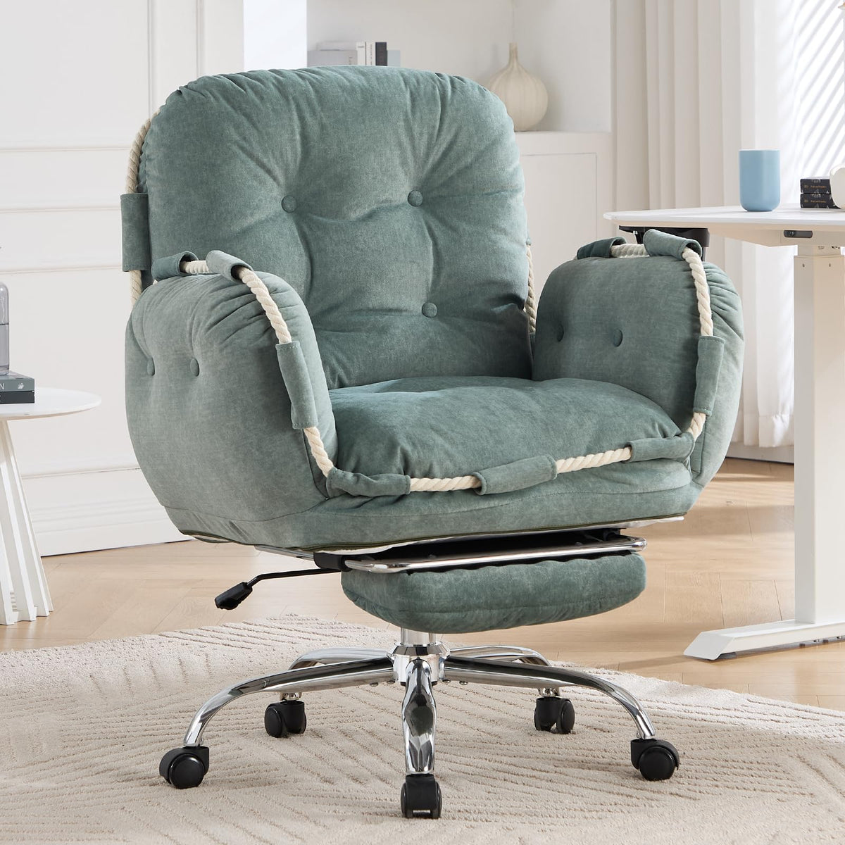 Criss Cross Office Chair with Foot Rest Flip Armrests for Pets and Comfortable Cross Legged Office Chairs for Women Reclining Office Chair Desk Chair Comfy Vanity Chair with Back and Wheels Green