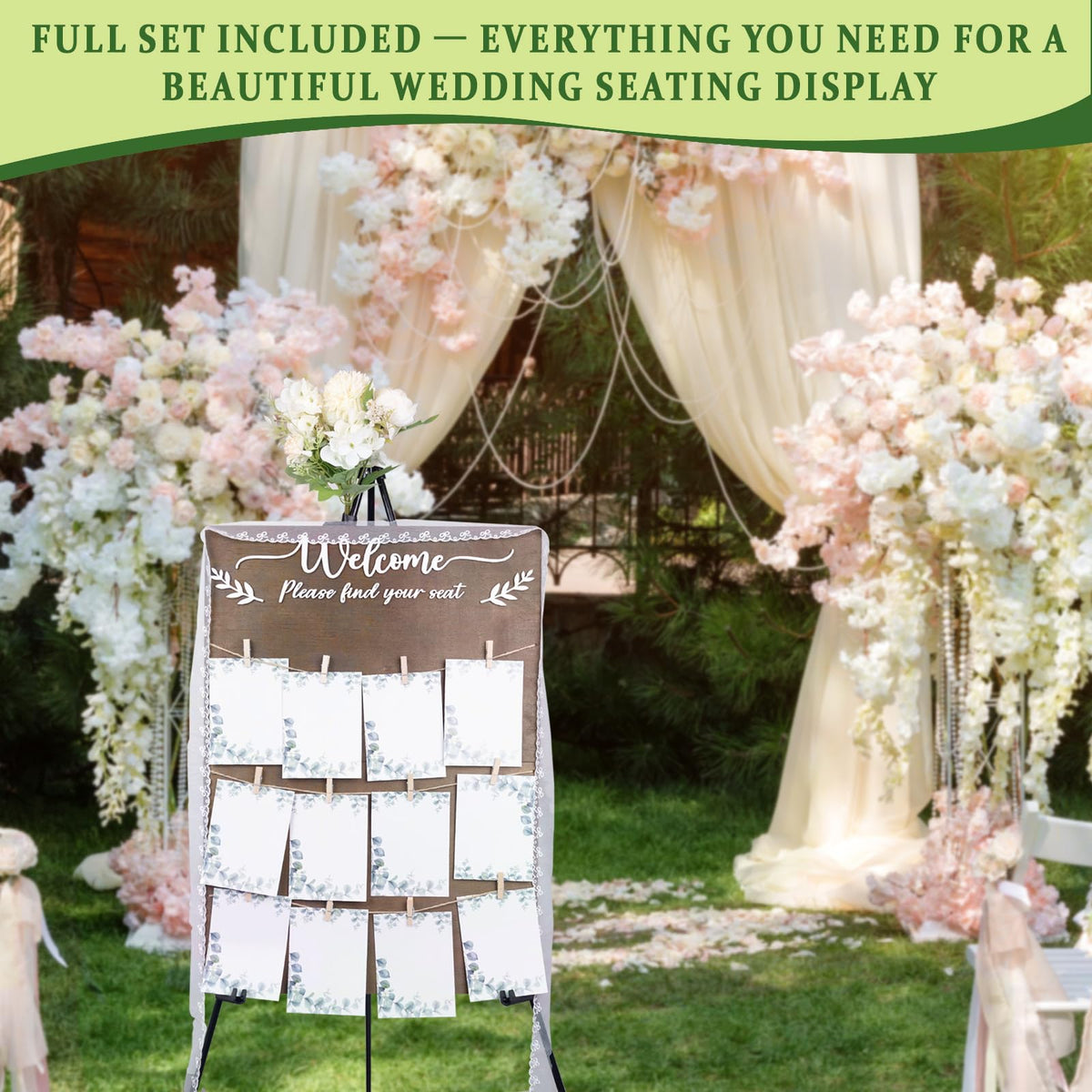 Wooden Wedding Seating Chart Board, Two Connectable Panels (23.7"×17"), 0.32" Thick, Foldable Design with Metal Stand, White Lace Ribbon, Floral Décor, and 20 Cards for Ceremony & Reception