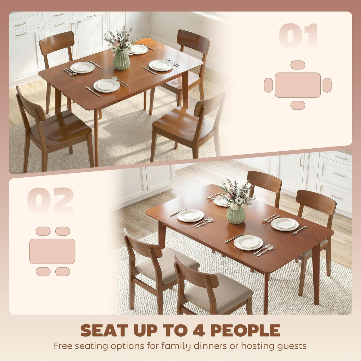 HOMCOM 47" Mid-Century Modern Dining Table for 4, Rectangular Kitchen Table with Wood Grain Finish, Tapered Legs, Wood Frame for Small Spaces, Dining Room, Apartment, Easy to Assemble, Walnut