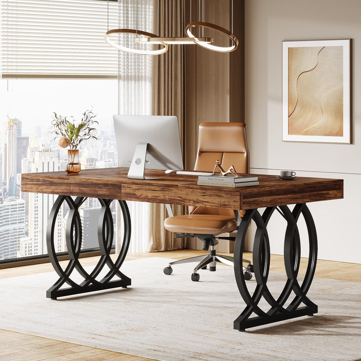 Tribesigns 63-Inch Executive Desk, Modern Office Computer Desk with Stylish Gold Legs, Rectangular Workstation for Home Office, Small Conference Table for Meeting Room (Brown & Black)