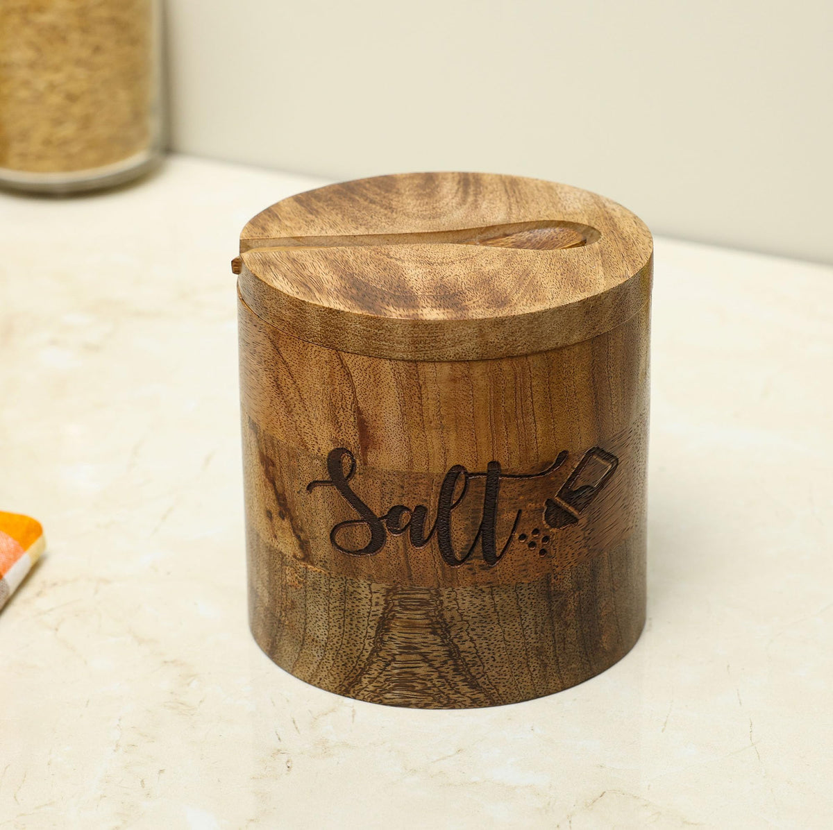 dudki Wooden Salt Box with Magnetic Lid with Attached Spoon on Top| 800 ML Round Salt Container| Bowl Pot Jar Salt Box | Mango Wood for Dinning Table| Kitchen Home| Seasonings