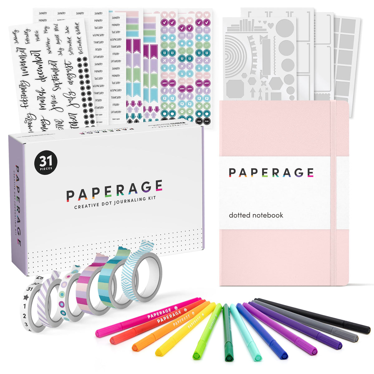 PAPERAGE Bullet Style Journal Kit, Dotted Journaling Set & Stationary Kit, Hardcover Dotted Journal Notebook (Blush), 12 Fineliner Pens, 8 Sticker & 4 Stencil Sheets, 6 Washi Tapes