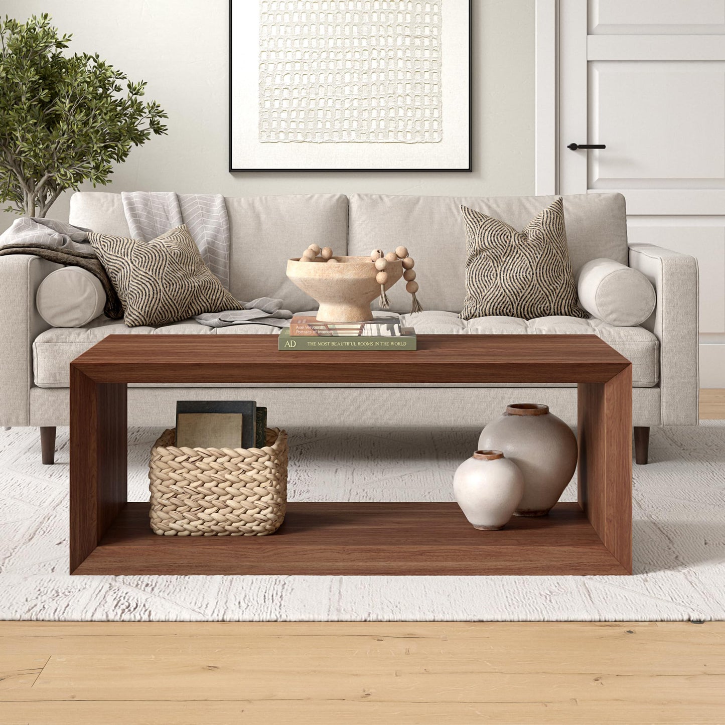 Henn&Hart 48" Rectangular Wood Coffee Table with Open Storage Shelf for Living Room, Family Room, or Office, Medium Walnut