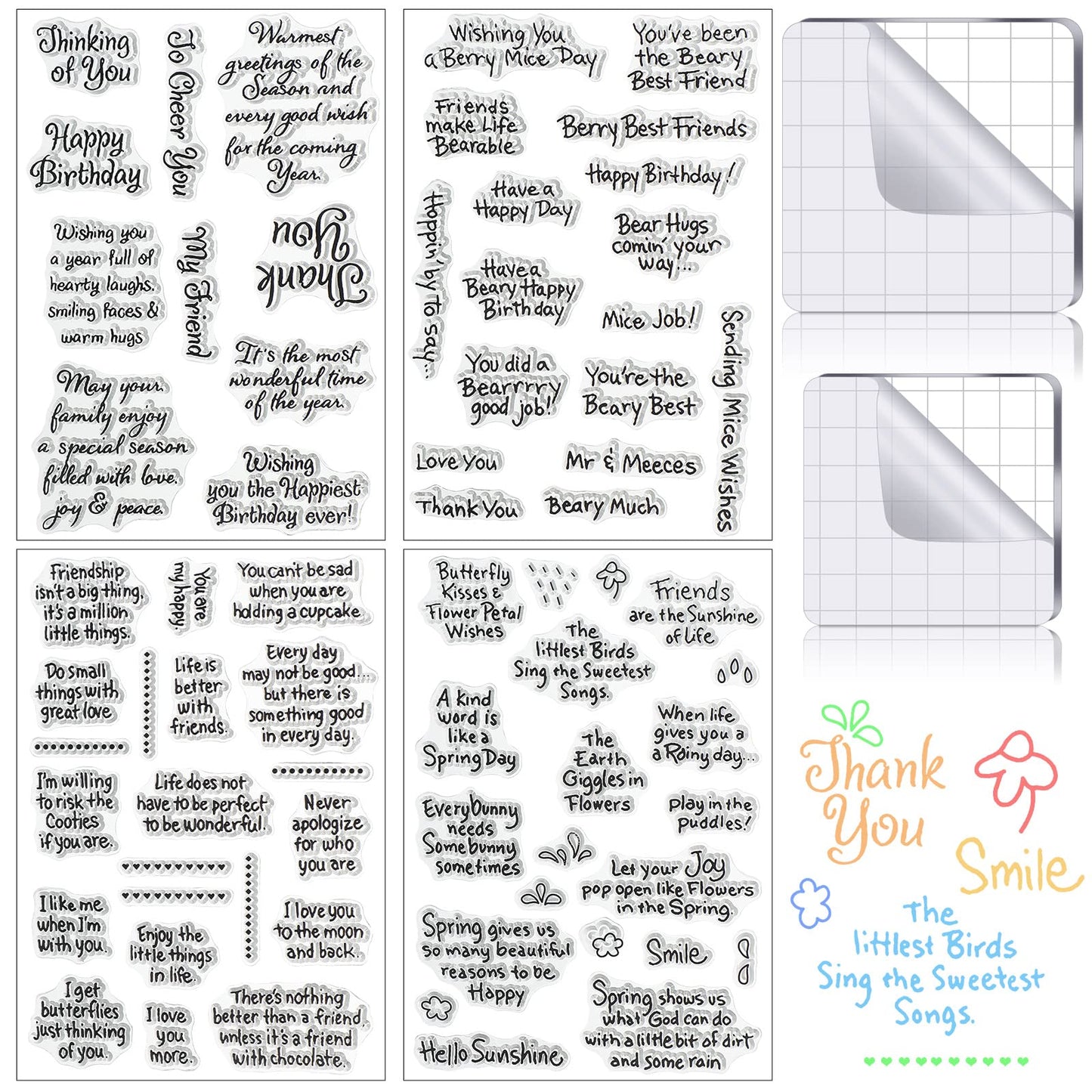Chinco 4 Sheet Sentiments Rubber Clear Stamps Set for Card Making and DIY Scrapbooking Journaling 2 Acrylic Stamp Blocks with Grid Lines for Valentine Birthday Wedding Wife Husband Anniversary Card