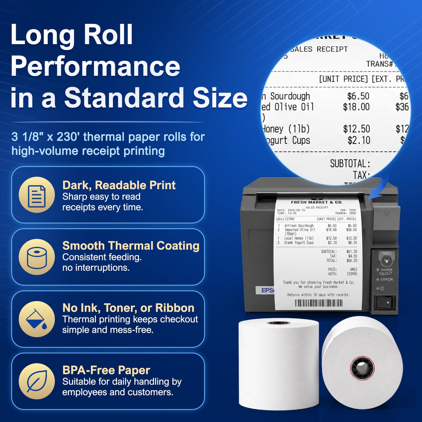 3 1/8 x 230 Thermal POS Rolls for Epson Printers, BPA Free Thermal Printing Compatible with TM-T88 TM-T70 TM-T80 TM-T85 TM-H6000 T90 Series, Credit Card Machine & POS Printer Supplies, Pack of 24
