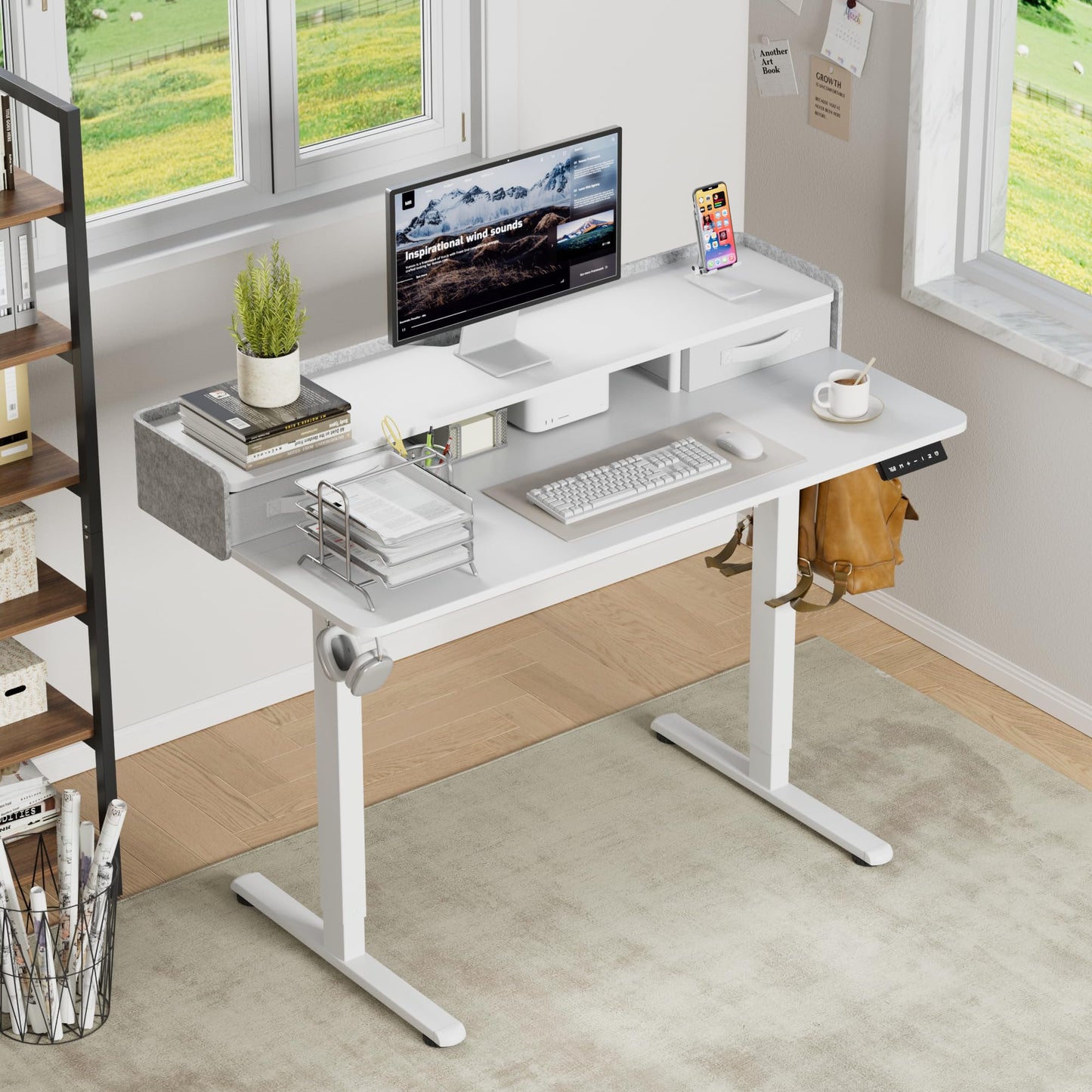 Furmax Electric Standing Desk with Drawers, Stand Up Desk with Storage Shelf Height Adjustable Computer Desk with Organizer for Home Office Ergonomic(White, 48 Inch)