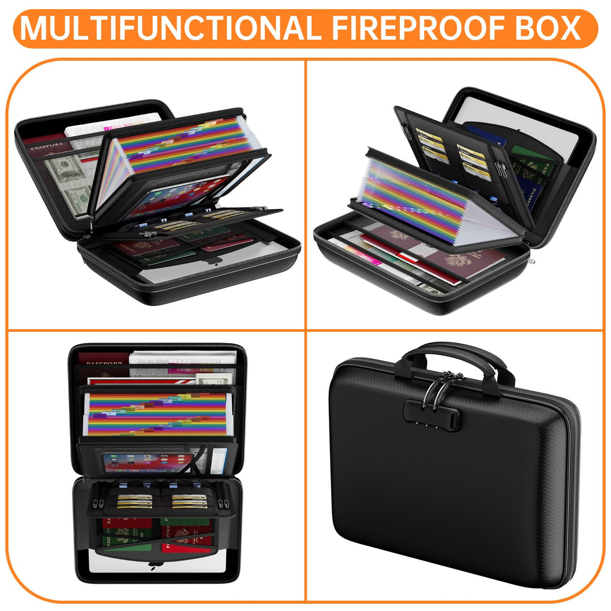ENGPOW Fireproof Document Box with Lock, Hard Case Fire & Water Resistant File Organizer with 25-Pocket Accordion File Folder, Portable Home Office Safe Storage for Important Documents Laptop Black