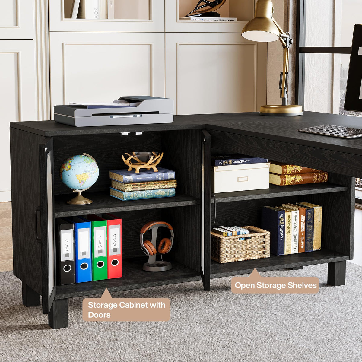 Tribesigns 59" L Shaped Desk with File Cabinet, Executive Office Desk with Storage Shelves, Modern Wood Computer Desk, Coner Writting Desk for Home Office, Work, Study (Black)