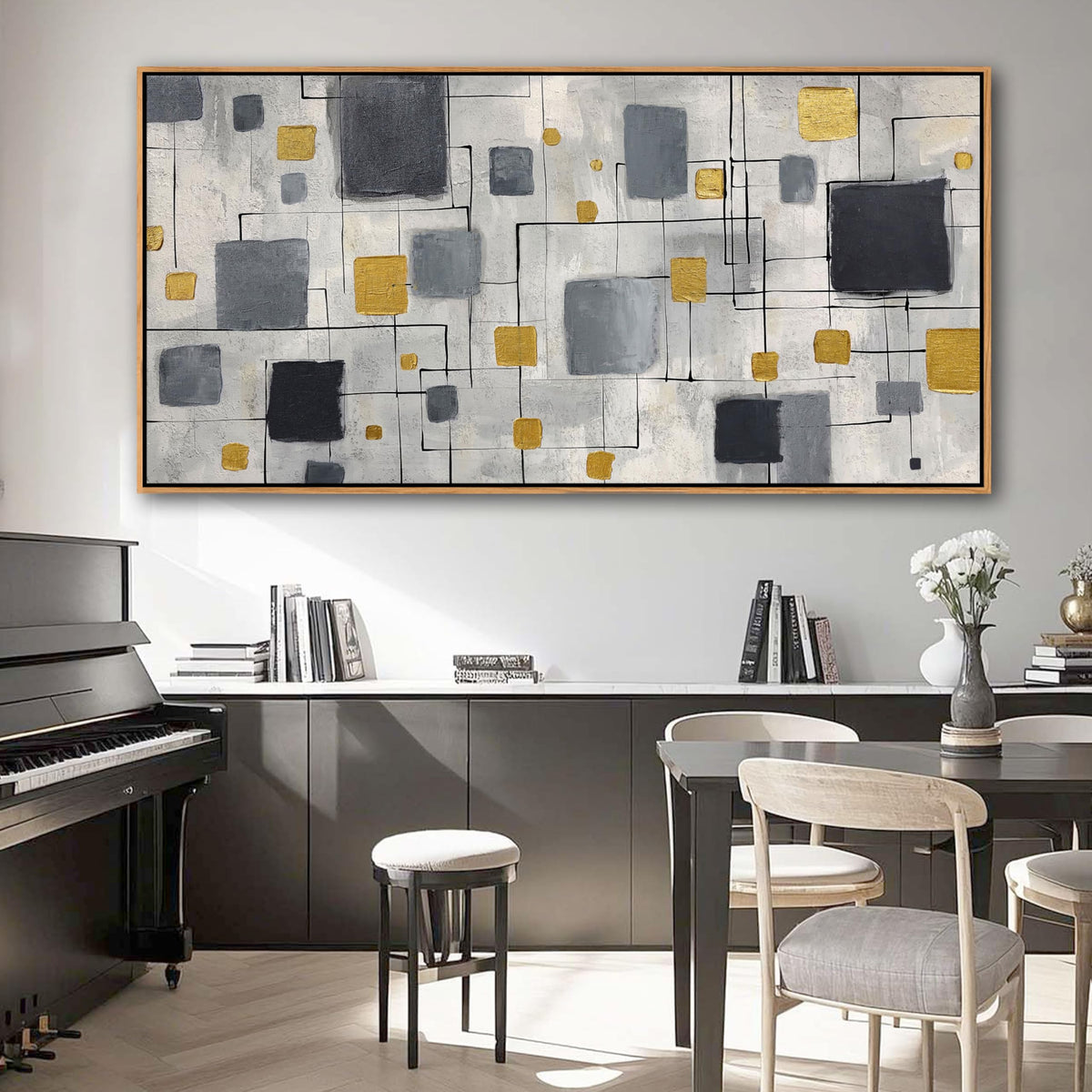 KLAKLA Neutral Decor Modern Abstract Wall Art Poster - Black Gold Gray for Living Room Bedroom Office Framed Minimalist Abstract Design 58x29 Inches