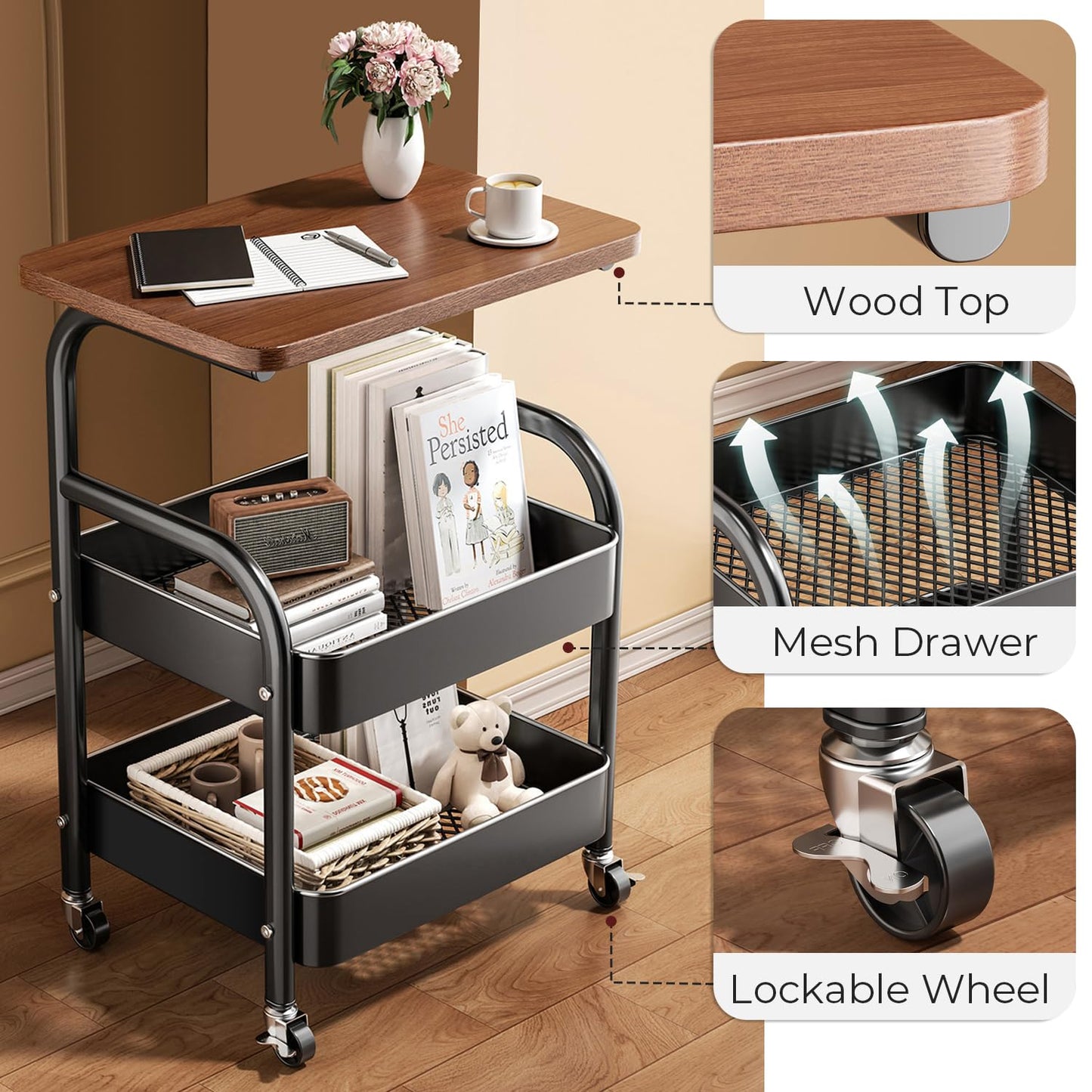 Y YOMA 3 Tier Rolling Utility Cart with Table Top, Metal Storage Organizer with Wheels for Small Space, Office, Kitchen, Bathroom, Dorm, Coffee Station - Black