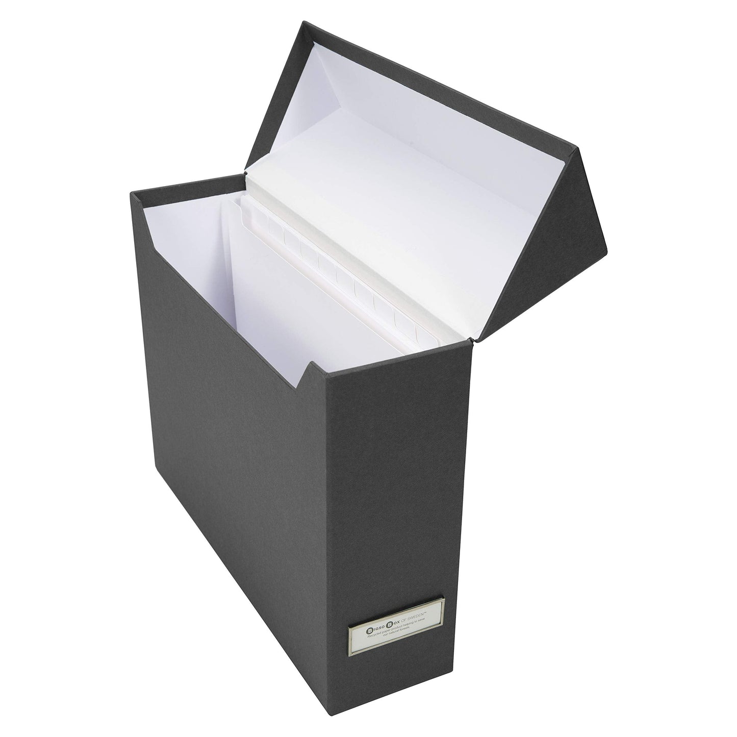 Bigso Lovisa Fiberboard Label Frame 12 File Storage Box - Document Organizer for Important Paperwork - Durable Hanging File Box w/Flip Top Lid & Metal Label Window - 3.7in x 13in x 9.4in - Dark Grey