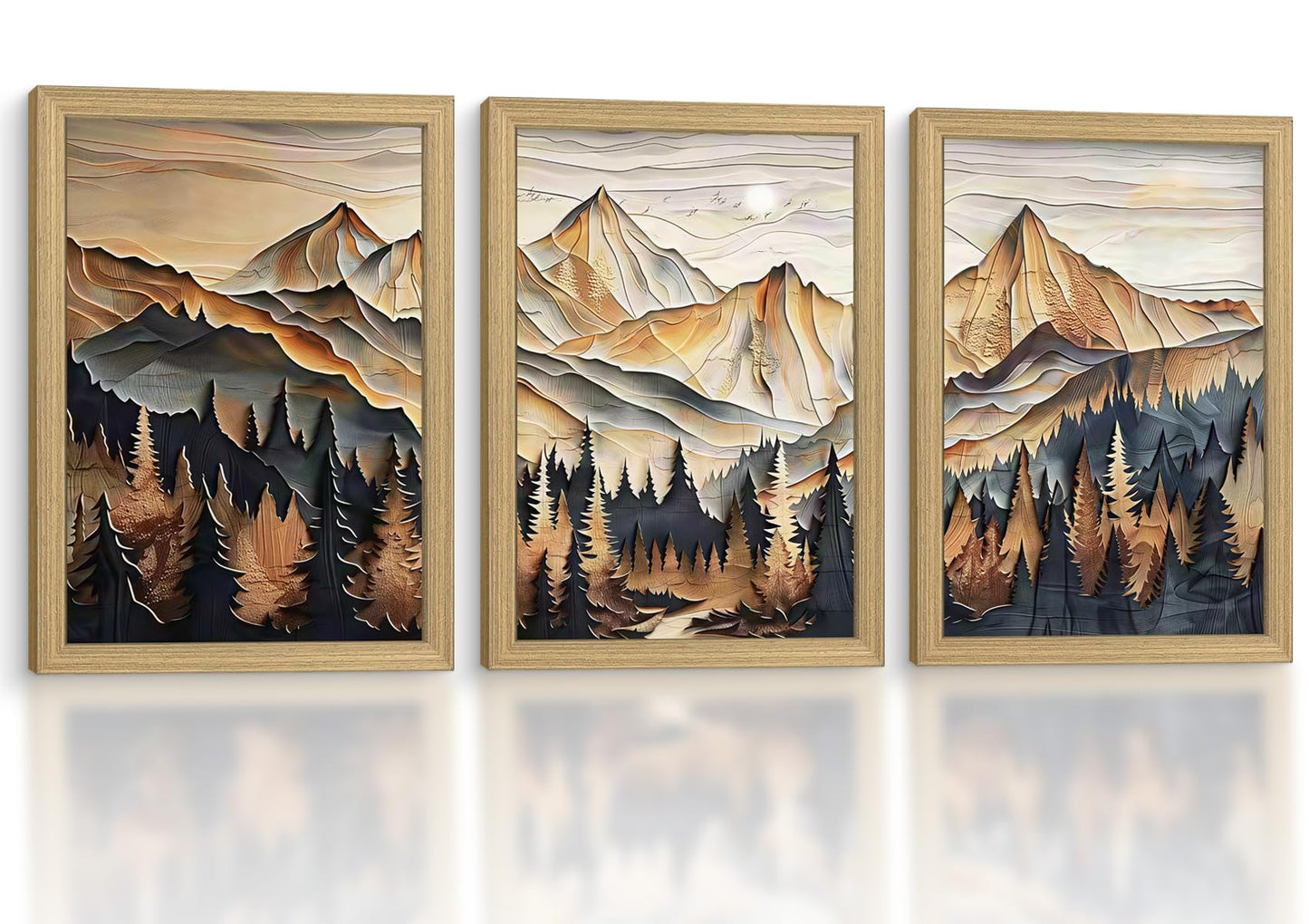 Framed 3D Texture Mountain View Canvas Wall Art Landscape Oil Painting Nature Poster Gallery Relief Technology Artwork Forest Scenery Wall Decor Painting Living Office 16x24inchX3 Ready to Hang