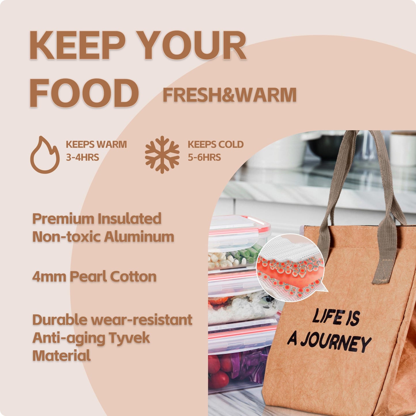 zzsbrm Insulated Lunch Bag for Women/Men-Reusable lunch bag - Lunch Box - for Office Picnic Hiking Beach,Freezable Cooler Bag- Tyvek Material - Foldable Tote Bag Organizer for Adult（Brown）