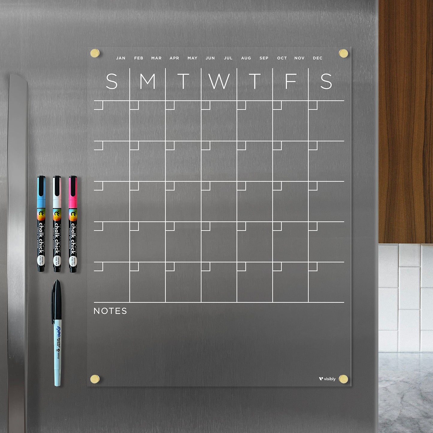 Visibly Magnetic Acrylic Month & Notes Calendar for Fridge, 14” x 18” Clear Refrigerator Planning Board, Includes 4 Magnetic Wet-Erase Markers, Gold Corner Magnets