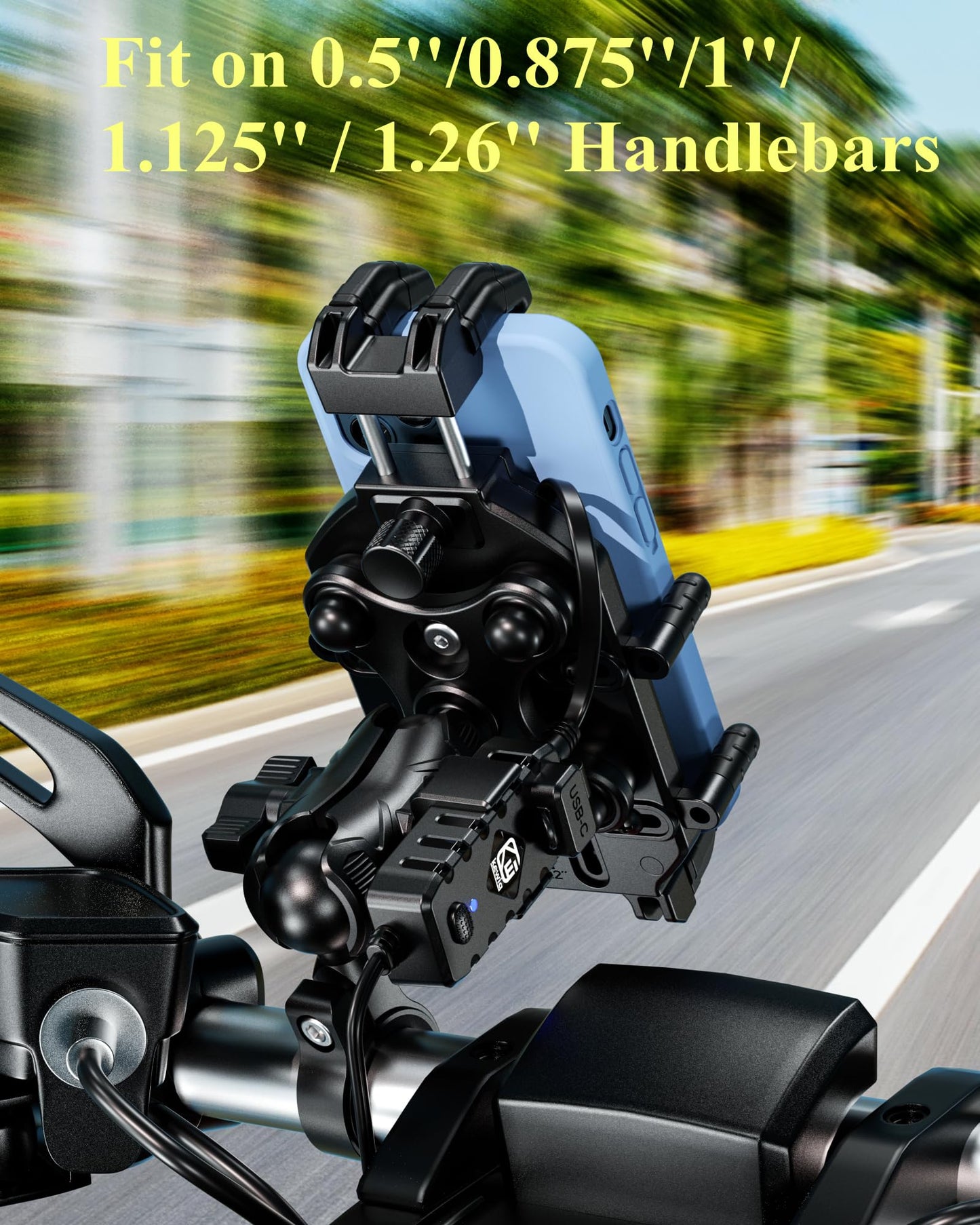 BRCOVAN Motorcycle Phone Mount Holder with Qi 15W Wireless Charger & 30W PD/USB-C Fast Charging Port, Anti-Theft Handlebar Cellphone Cradle with Vibration Dampener, Adjustable for 5.4-7.2'' Smartphone