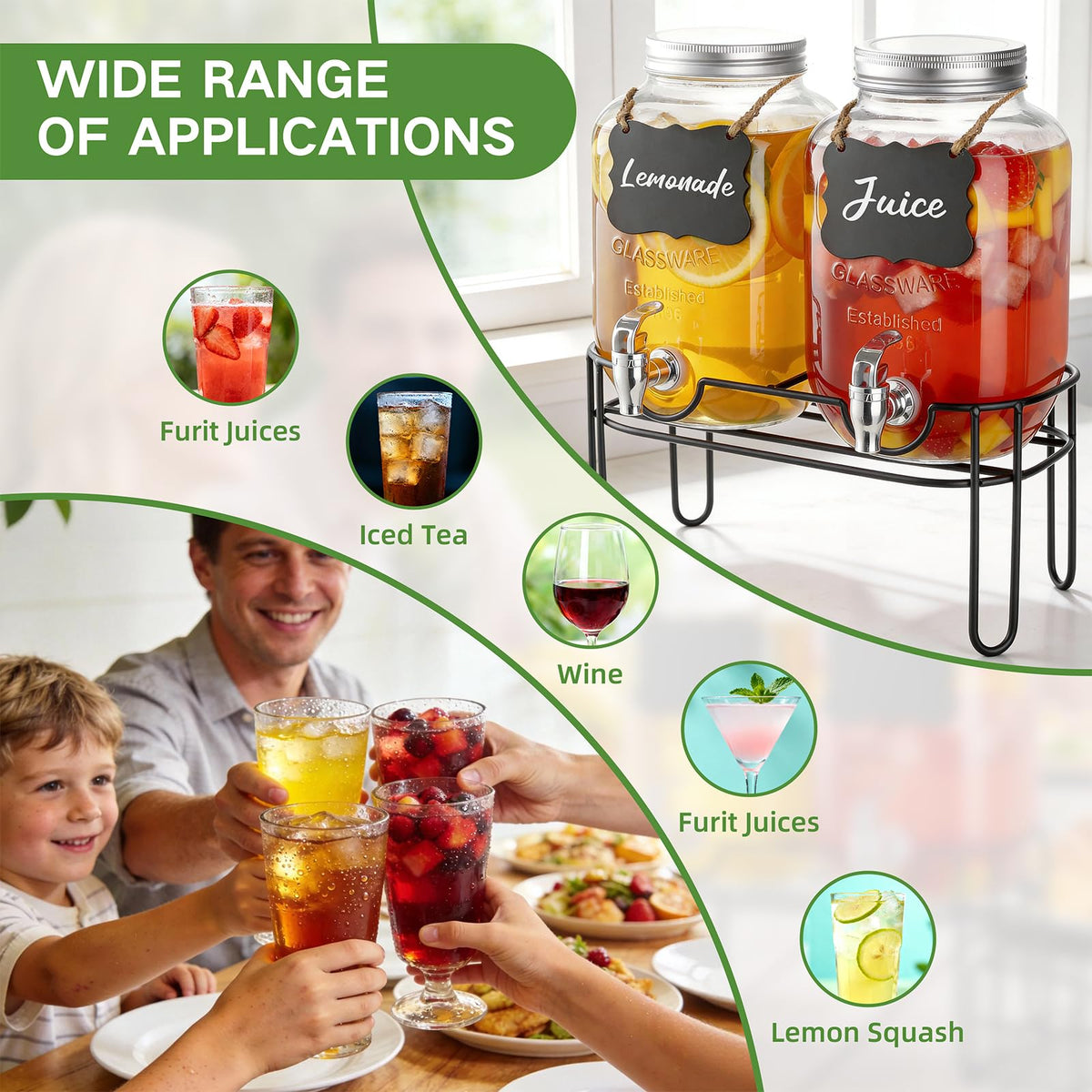 1 Gallon Glass Drink Dispensers For Parties, 2 Pack Beverage Dispenser，Lemonade Dispenser With Fruit Infuser And Stand For BBQ, Picnic, Party,Sun Tea