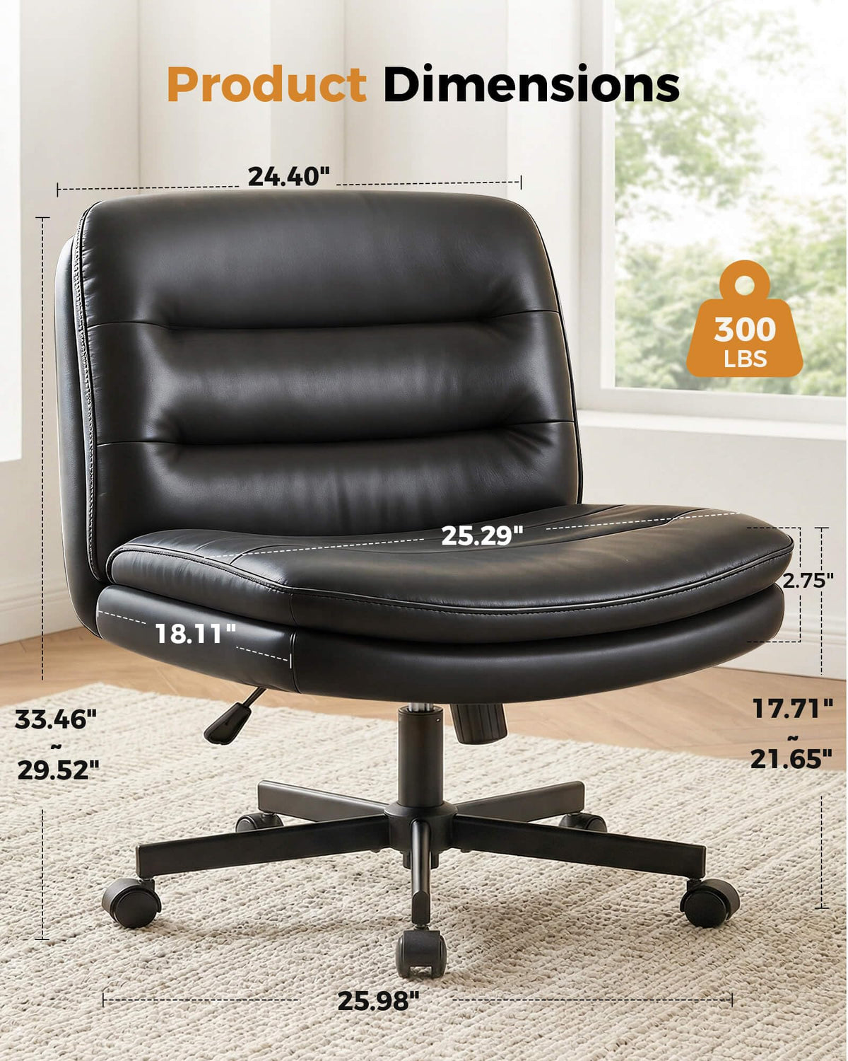 COMHOMA Cross Legged Office Chair with Wheels Armless Office Desk Chair, Modern Vanity Computer Task Chairs for Home Bedroom, Comfortable Wide Seat for Lower Back Pain Relief, PU Leahter, Black