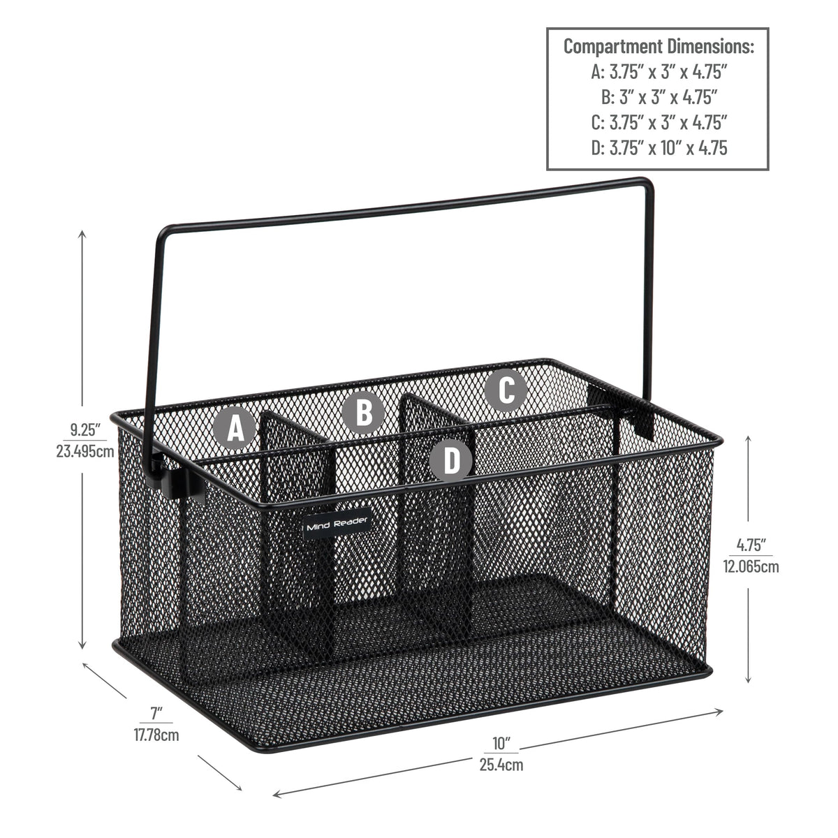 Mind Reader Multi-purpose Storage Caddy with Handle, Desktop Organizer, Cutlery Holder, 4 Compartments, Metal Mesh, Black