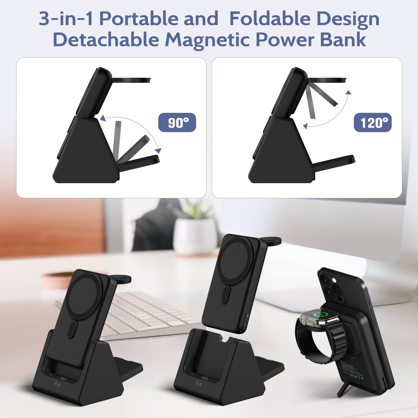 Smtcsl 3-in-1 Wireless Charging Station: Portable 10000mAh Power Bank Charger Compatible for Phone Air/17/16/15/14/13/12 Series and Watch - Detachable Magnetic Charging Stand Black