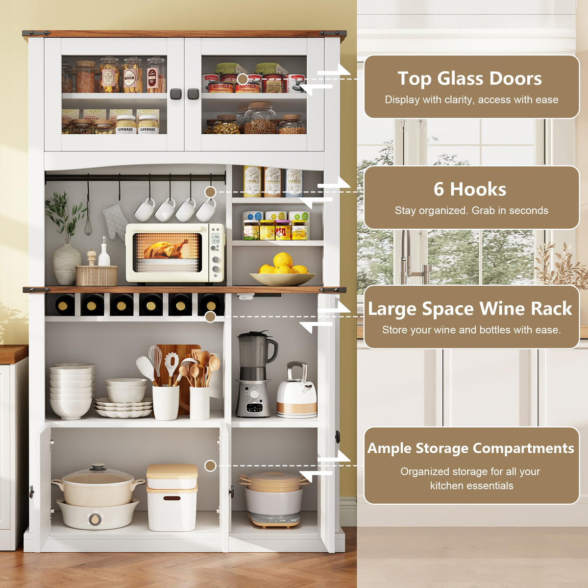 Einhomn 71" Tall Kitchen Pantry Cabinet with Charge Station, 3 Adjustable Shelves, Wine Rack and Glass Door, Kitchen Hutch for Dining Room, Kitchen and Living Room, White