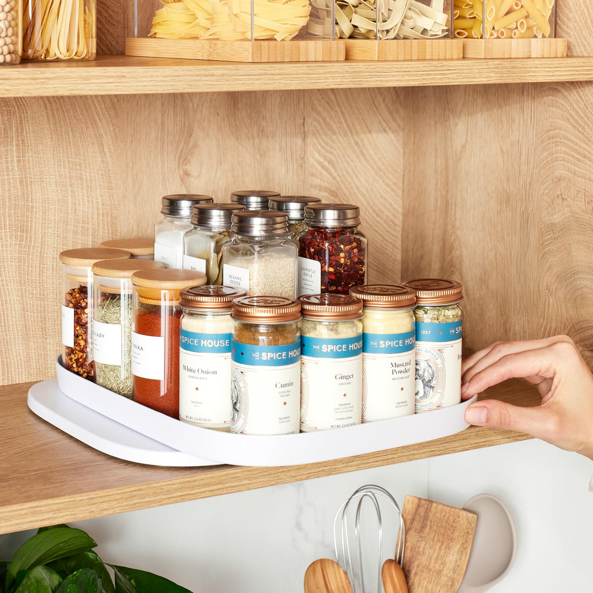 YouCopia MagicTrack Rectangle Lazy Susan Turntable 2-Tier Spice Rack: Jar & Bottle Storage Organizer for Kitchen and Bathroom with 360° Spin, Non-Slip, White Speckled BPA-Free