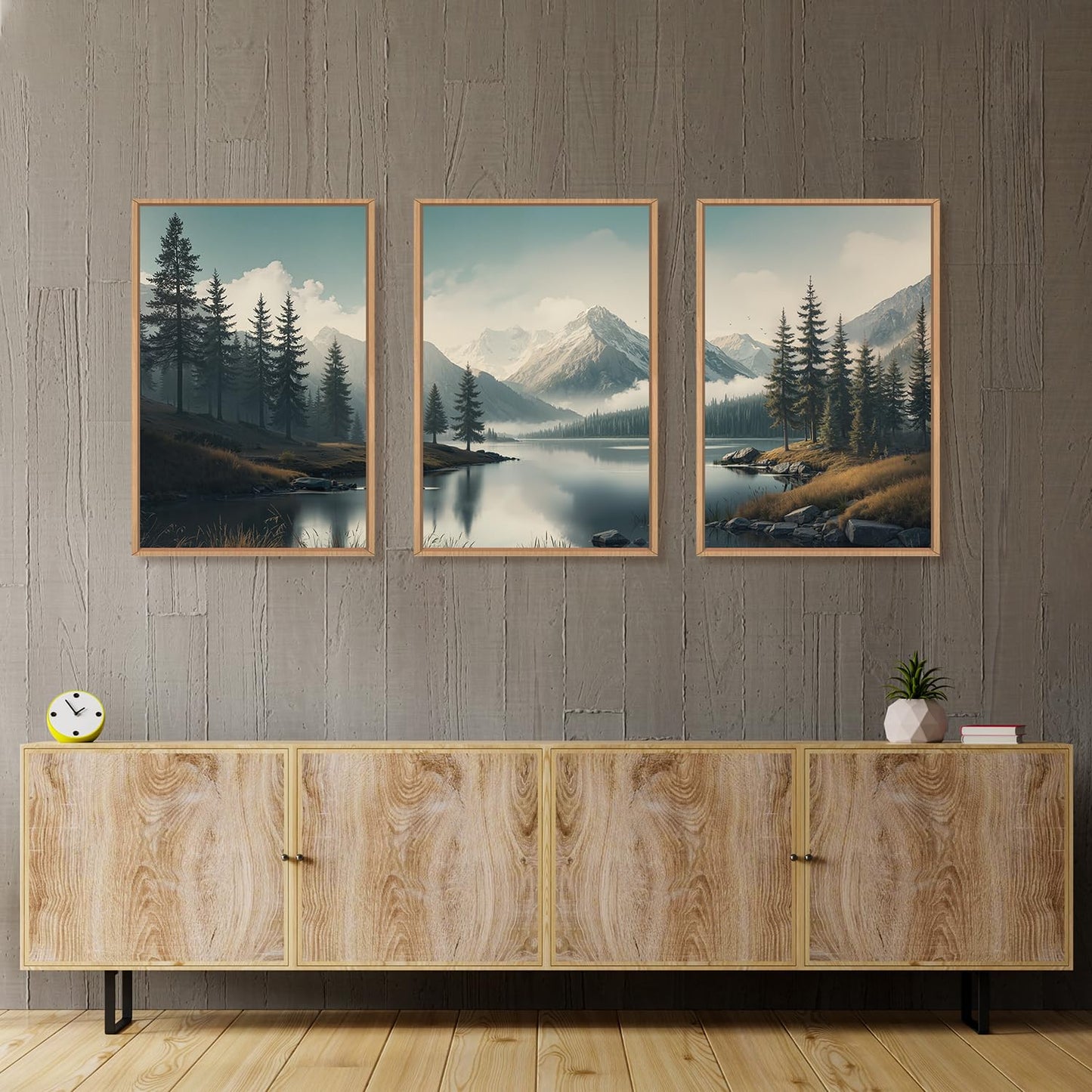 LHIUEM Large Mountain Misty Forest Framed Canvas Wall Art,Nature Ridge Foggy Wall Decor,Snow Lake Woodland Wall Painting,Pine Tree Artwork for Living Room,Bedroom,Dining Room,Office -16"x24"x3