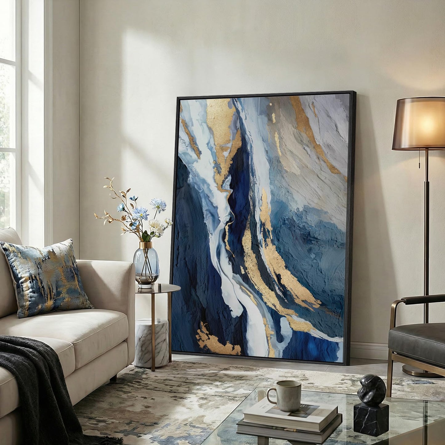 Extra Large Framed Blue Abstract Wall Art for Living Room, 40x60 In Oversized Blue and Gold Modern Canvas Prints Paintings, Big Vertical Navy Blue Pictures for Hallway Dining Bedroom Office Wall Decor