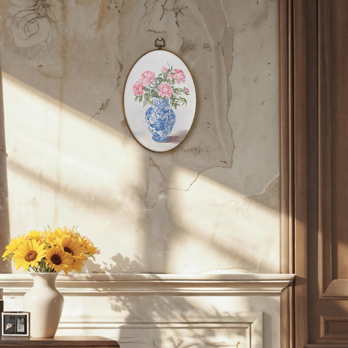 LKETW Chinoiserie Floral Oval Wall Art Decor, Blue and White Chinoiserie Porcelain Pink Flower Oval Canvas Hanging Decor, Grand Millenial Wall Decorations for Home Bedroom Office, 8.6x11.4 Inch
