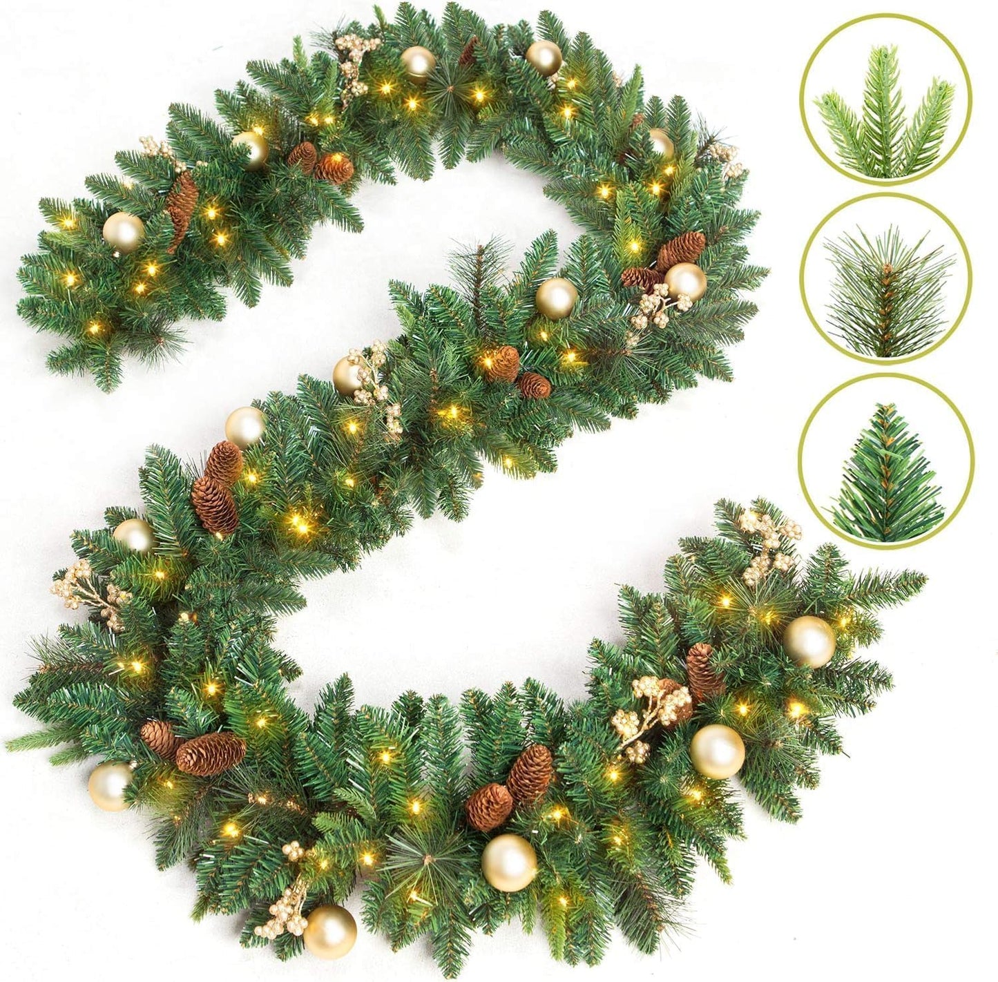 9 FT Prelit Christmas Garland Battery Operated with 50 Warm Lights, Xmas Garland Greenery Outdoor with Pine Cones and Timer, Front Door Mantle Garland Christmas Holiday Decoration Indoor