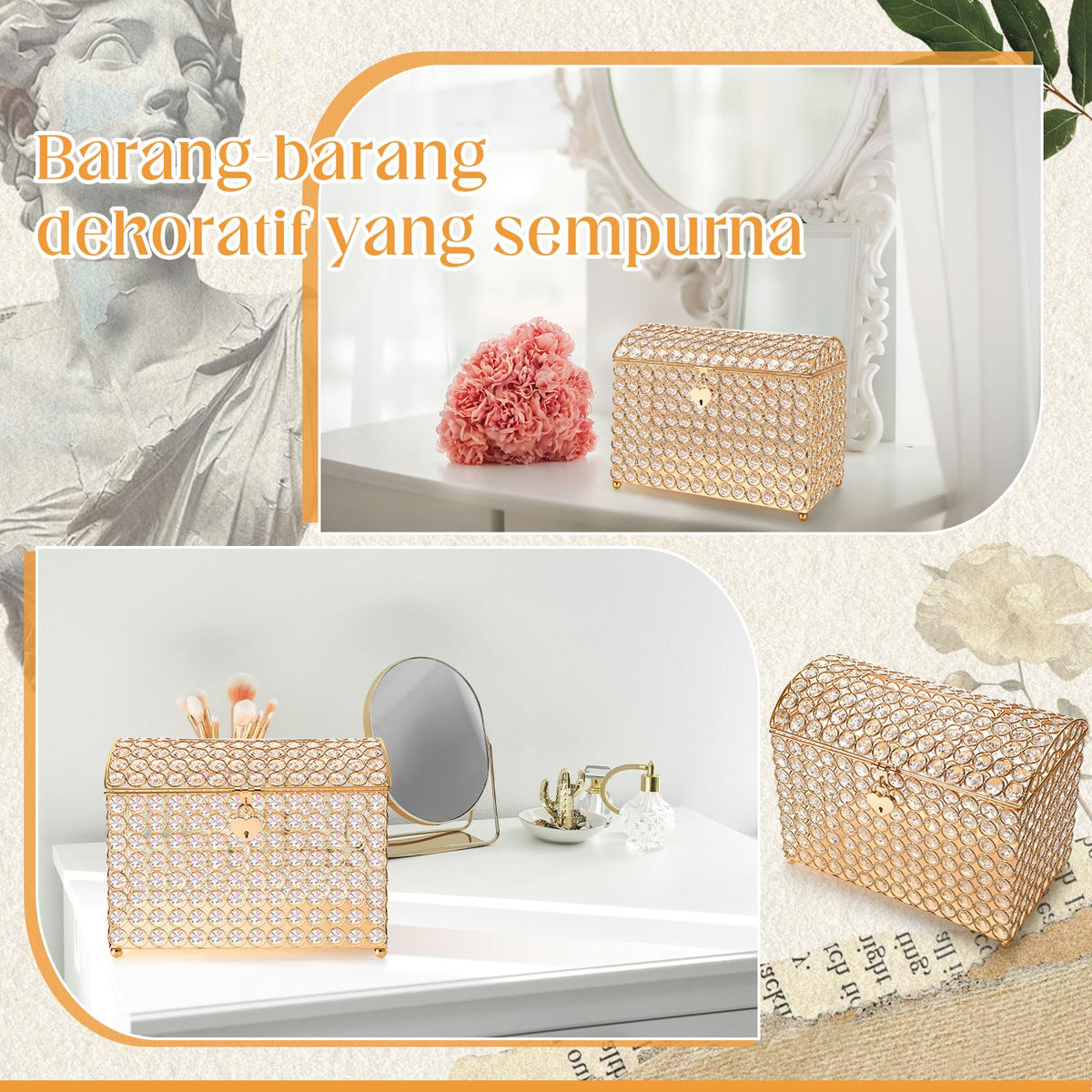 Nitial Crystal Wedding Card Box with Heart Lock 11in Wedding Money Box Treasure Chest Gold Bead Card Receiving Memory Storage for Reception Brithday Graduation Baby Shower Party (Elegant Style)