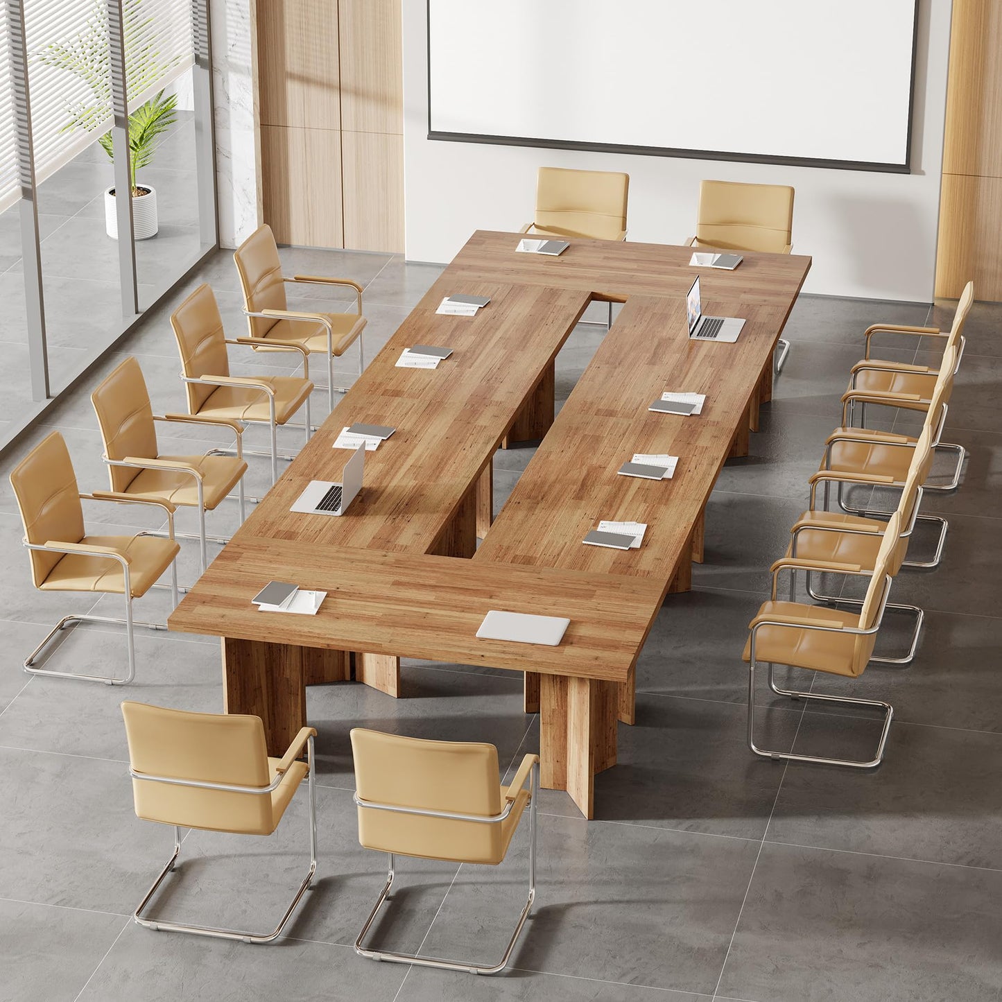 Tribesigns 10.5FT Conference Table, Large Rectangle Meeting Seminar Table for 10-12 Person, Long Wooden Business Tables (Set of 2, Walnut)