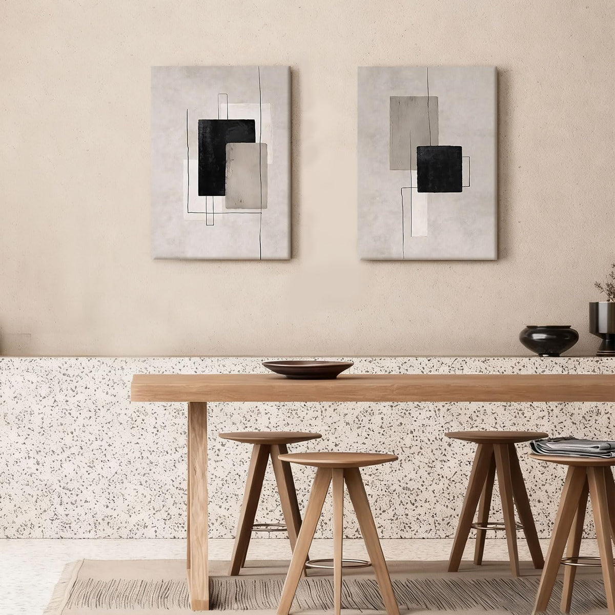 Kdyudo 2 Pcs Large Minimalist Block Line Canvas Framed Wall Art Neutral Abstract Print Poster Wall Decor Black Beige And Brown Geometric Square Line Painting Pictures Living Room Bedroom 12x16 Inch