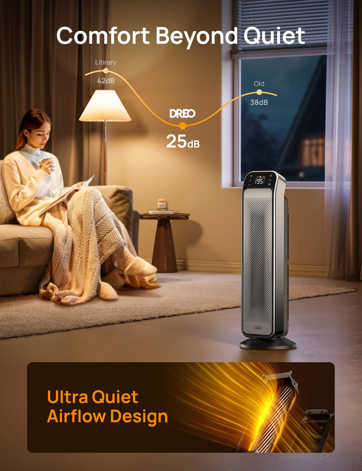 DREO Space Heater Indoor, 25" 11.5ft/s Fast Portable Room Heater with Remote and Thermostat, 3 Modes, Overheating & Tip-Over Protection, Electric Heaters for Indoor Use Large Room, Bedroom, Silver