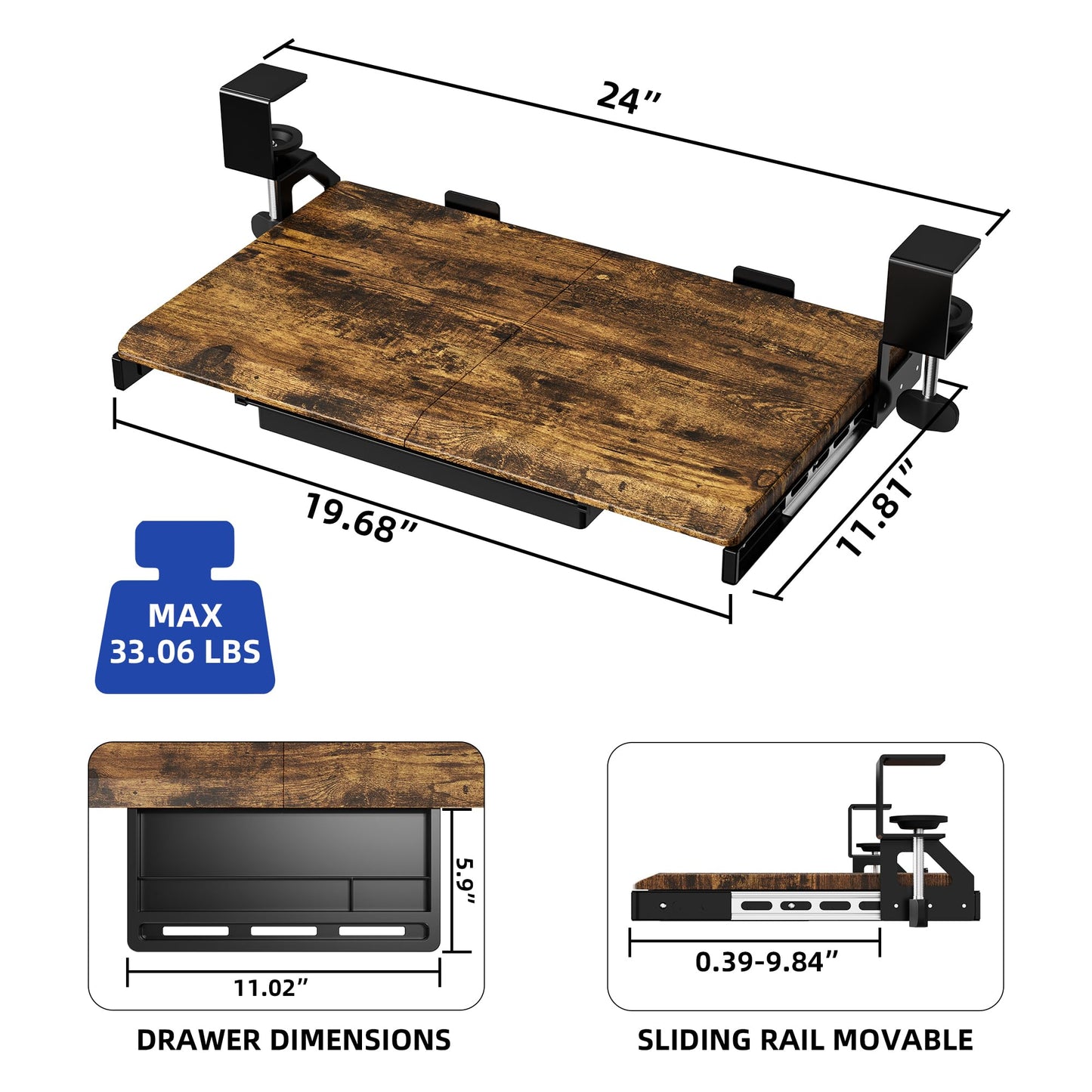 ETHU Keyboard Tray Under Desk, 19.7" X 12.2" Small Size C Clamp Keyboard Drawer Under Desk, Computer Keyboard Stand Slide Pull Out, Ergonomic Keyboard Tray for Home, Office (Wood)