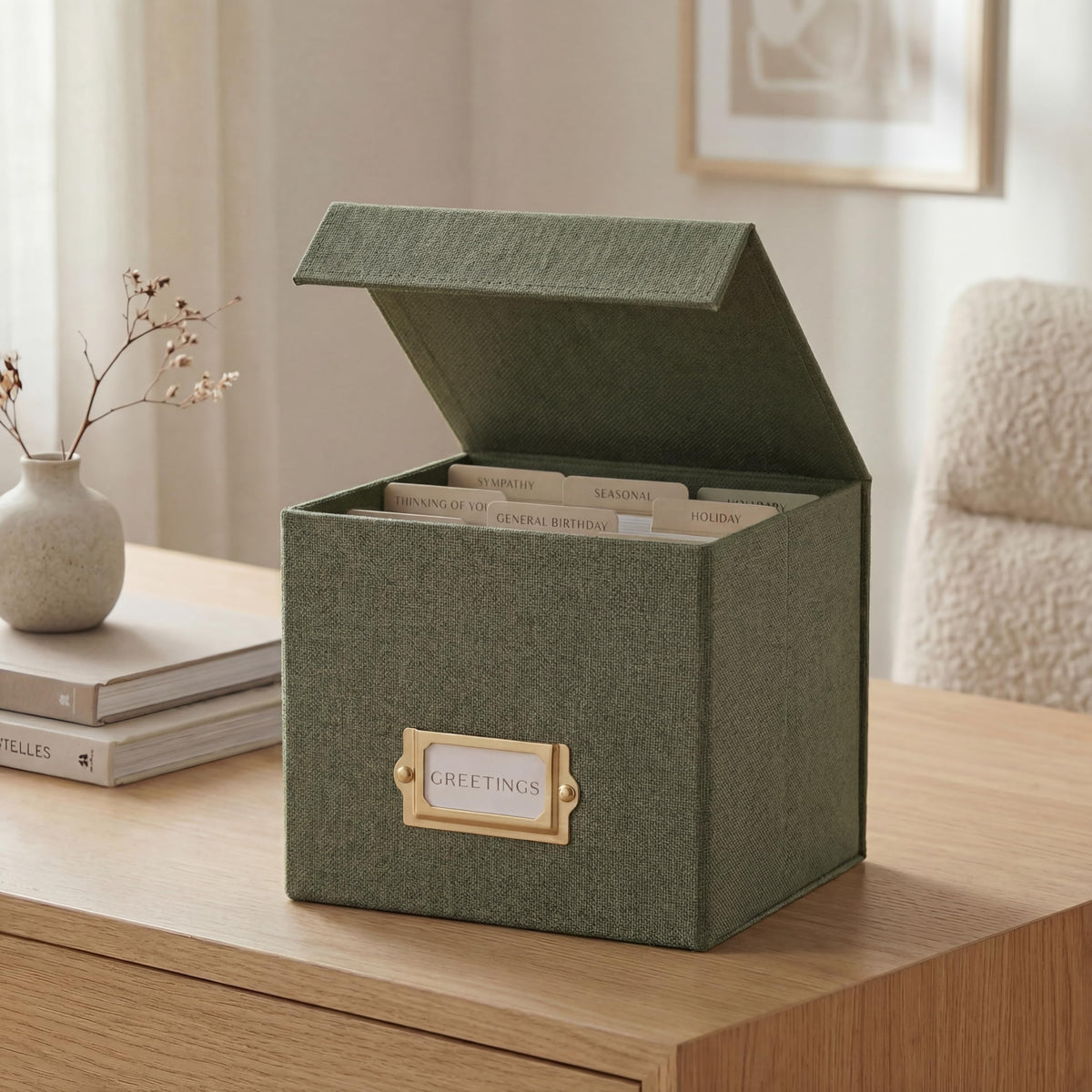 ZICOTO Beautiful Greeting Card Organizer Box With Dividers - Sturdy Linen Storage Box Easily Organizes All Your Greeting Cards in Style - Cute Card Holder Safely Stores Up to 300 Small Or Large Cards