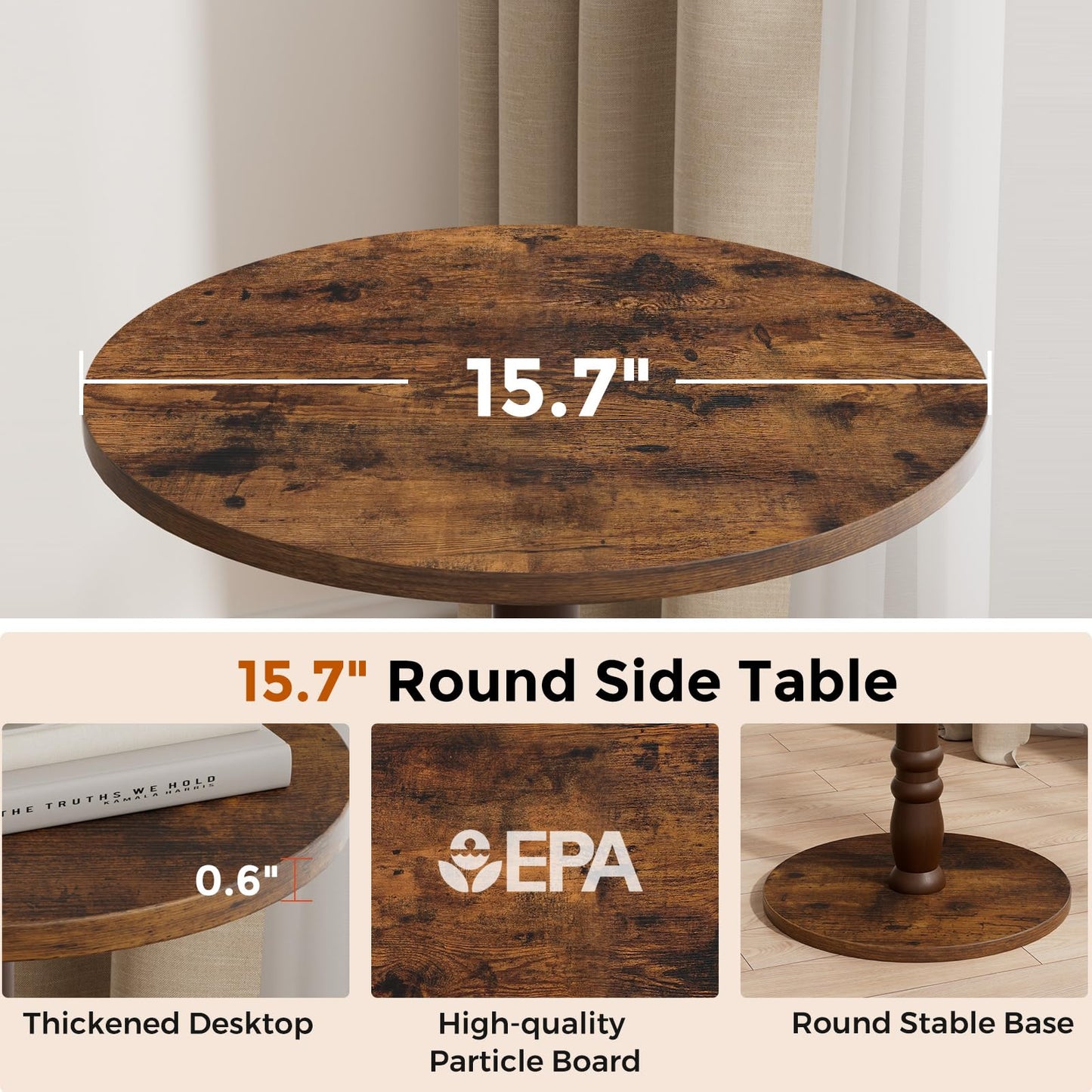 Homleke 16" Round Side Tables Set of 2, Solid Wood Pillar with Wood Top & Base, Small Drink Accent Table for Living Room, Bedroom, Sofa & Office, Easy Assembly, Rustic Brown