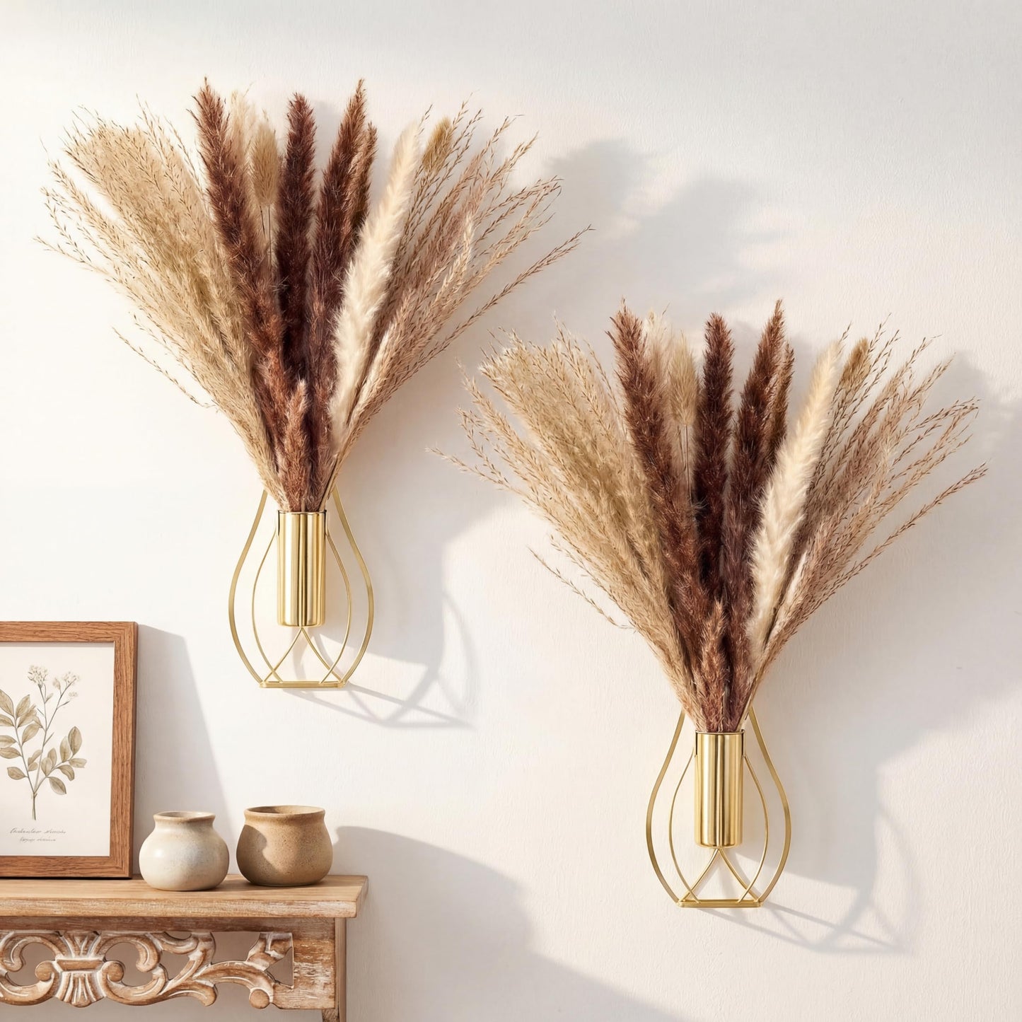 Otoolling Boho Wall Decor Set of 2 – Metal Hanging Wall Art with Faux Pampas or Eucalyptus,Minimalist Bohemian Accent for Living Room, Bedroom, Entryway(Gold,Pampas)