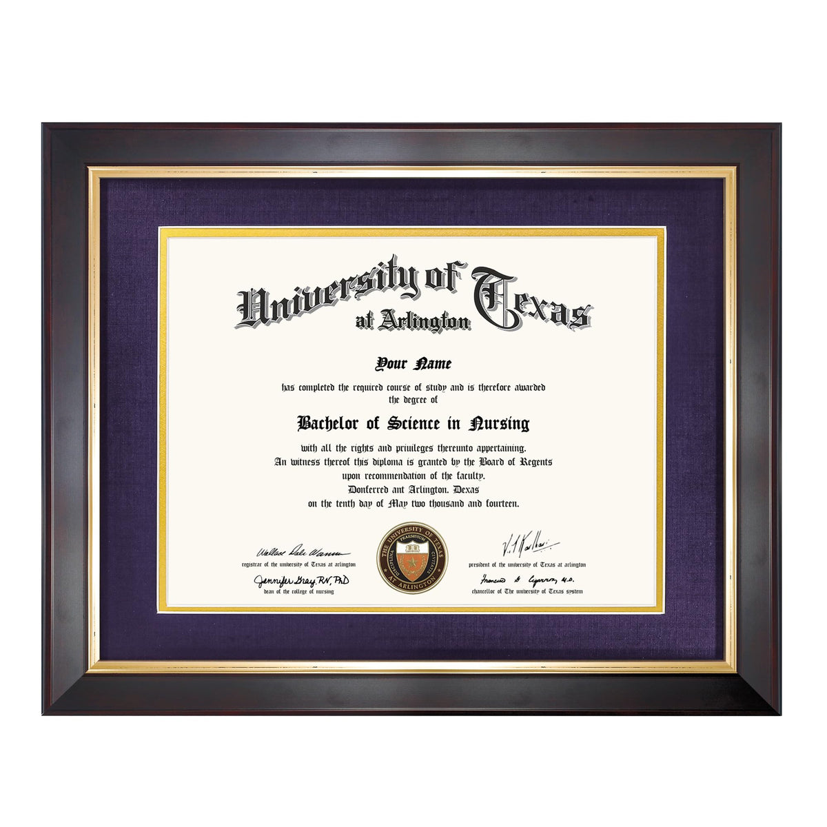 GMFrames 8.5x11 Wood Diploma Frame with Purple Mat or Display 11x14 Certificates without Mat,Tempered Glass,Deep Brown Finish with Gold Trim