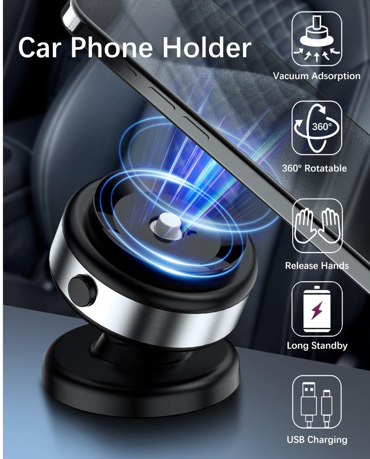Electric Vacuum Suction Cup Magnetic Phone Mount, 360 Rotatable Magnetic Cell Phone Holder, Adjustable Hands-Free Portable for Magsafe iPhone Car Gym Mirror Smooth Surface(Silver)