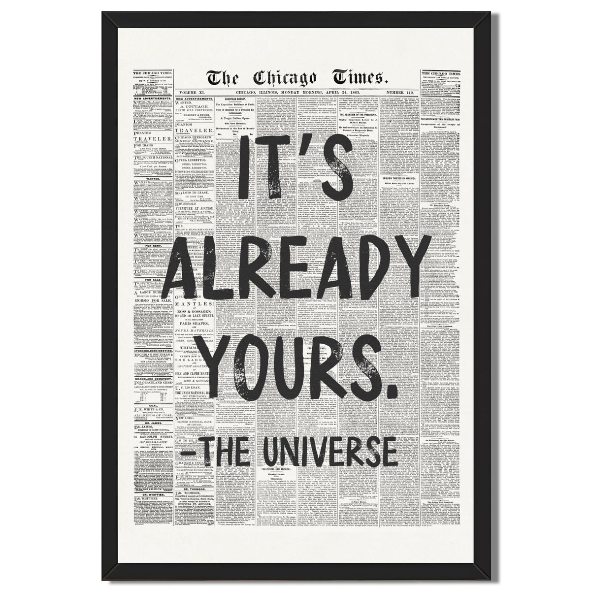 Framed Black And White Retro Newspaper Wall Art ItS Already Yours Universe Quote Poster Trendy Positive Inspirational Wall Decor for Bedroom Office Apartment Dorm Affirmation Canvas Print 8x12inch