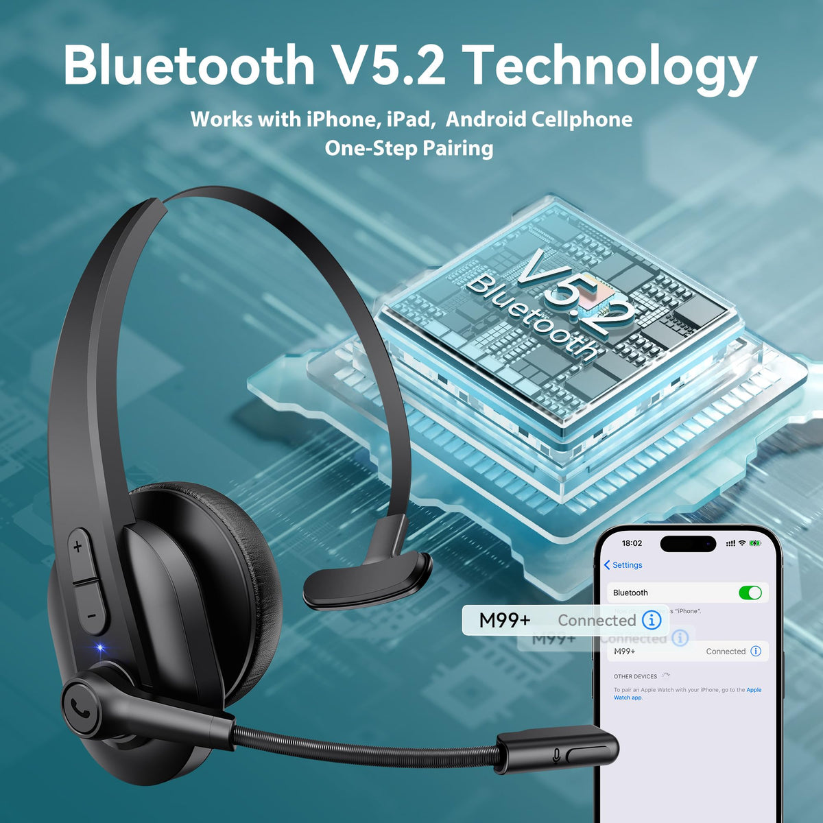 Sarevile Bluetooth Headset with USB Dongle for Computer, Single-Ear Wireless Headset with Noise Cancelling Microphone for Office & Truckers, Bluetooth V5.2 with Mute Button for Work