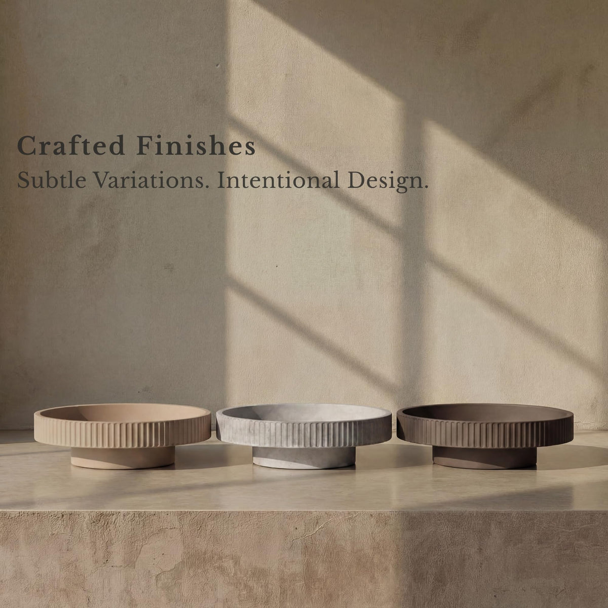 JUPTR Concrete Fruit Bowl (12") – Shallow Fluted Pedestal Decorative Centerpiece Bowl for Table, Entryway Catch-All & Modern Home Decor – Heavyweight Stone Bowl (Beige)