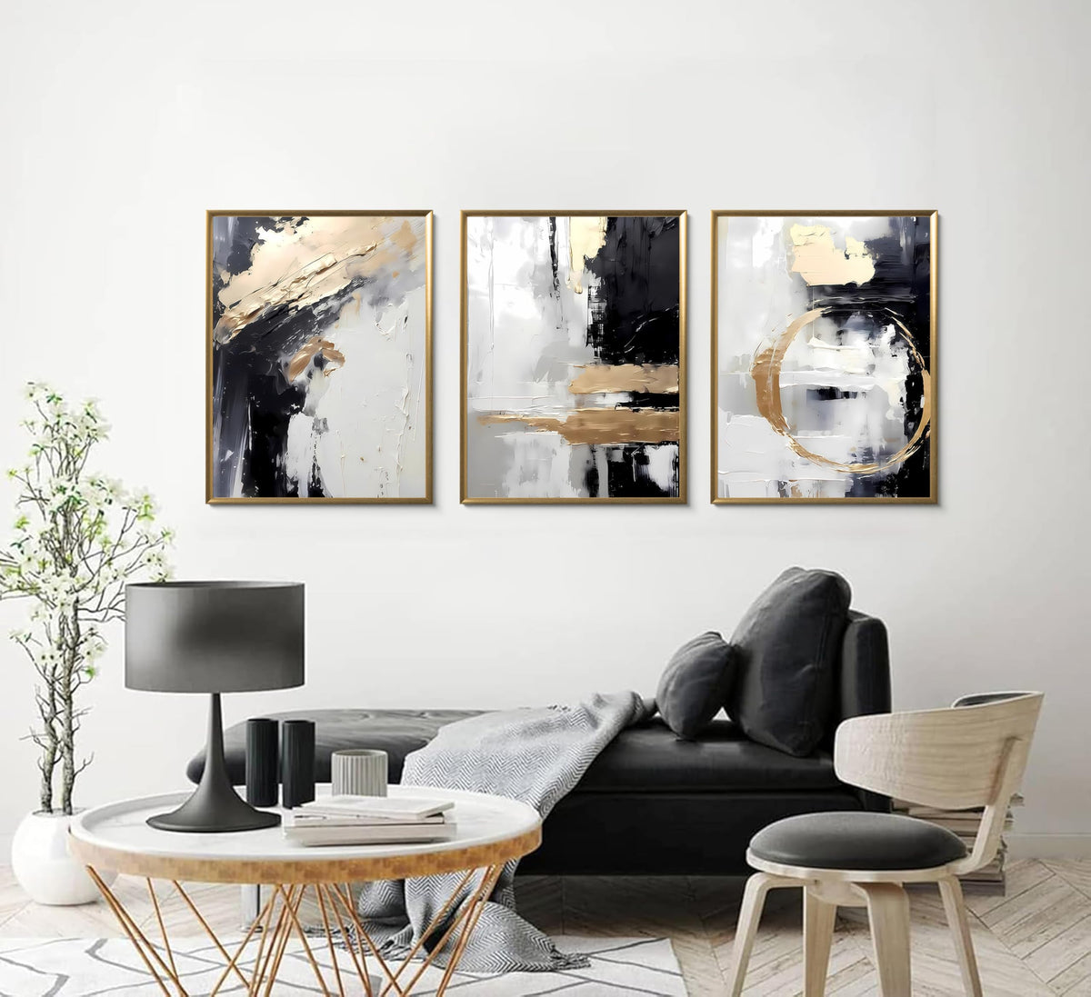 3pcs Black Gold Canvas Wall Art Abstract Geometric Textured Posters Prints Pictures Paintings with Faux Stucco Finish Modern Beige Minimalist Wall Decor for Living Room Bedroom Bathroom Unframed
