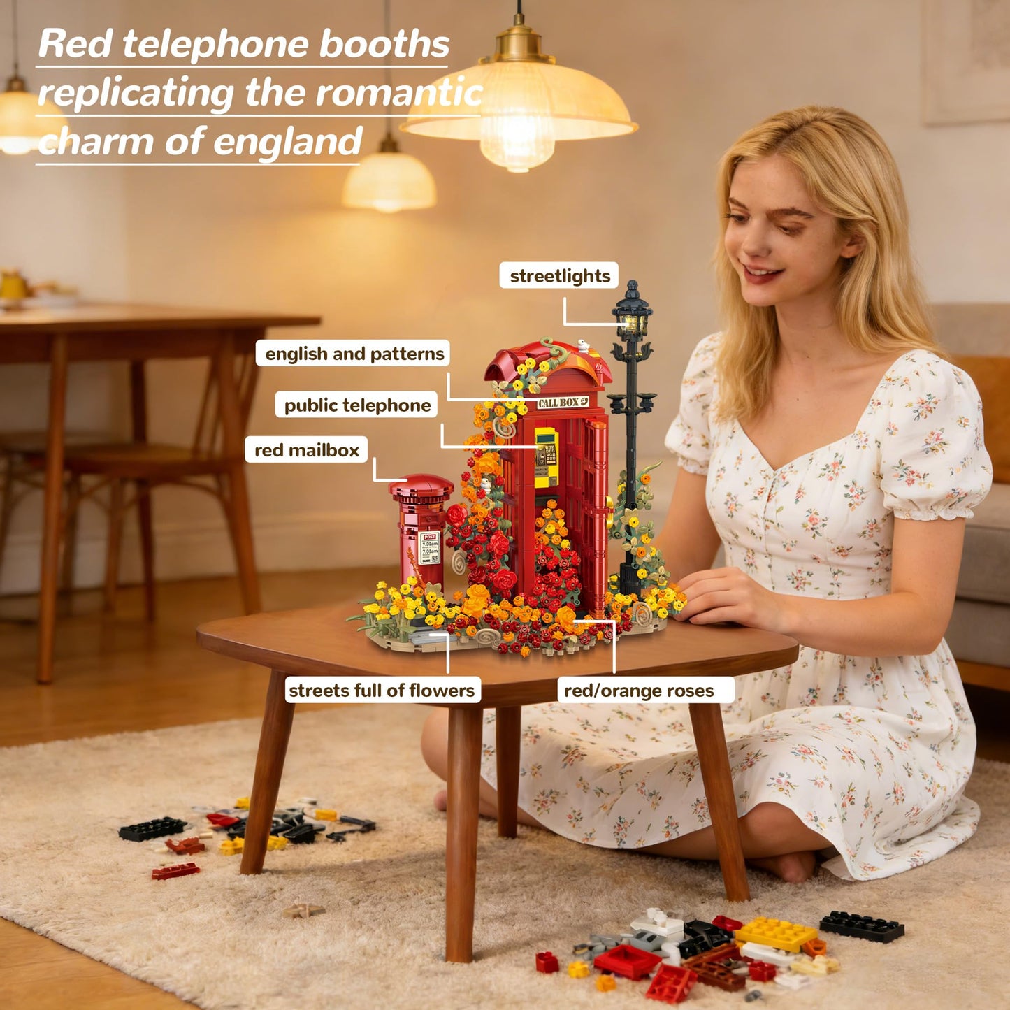 chanbrick Red London Telephone Box Building Set with Roses Flower for Adults Girls, Mailbox Phone Booth Retro Model Souvenir for Home or Office Decor - 1142PCS