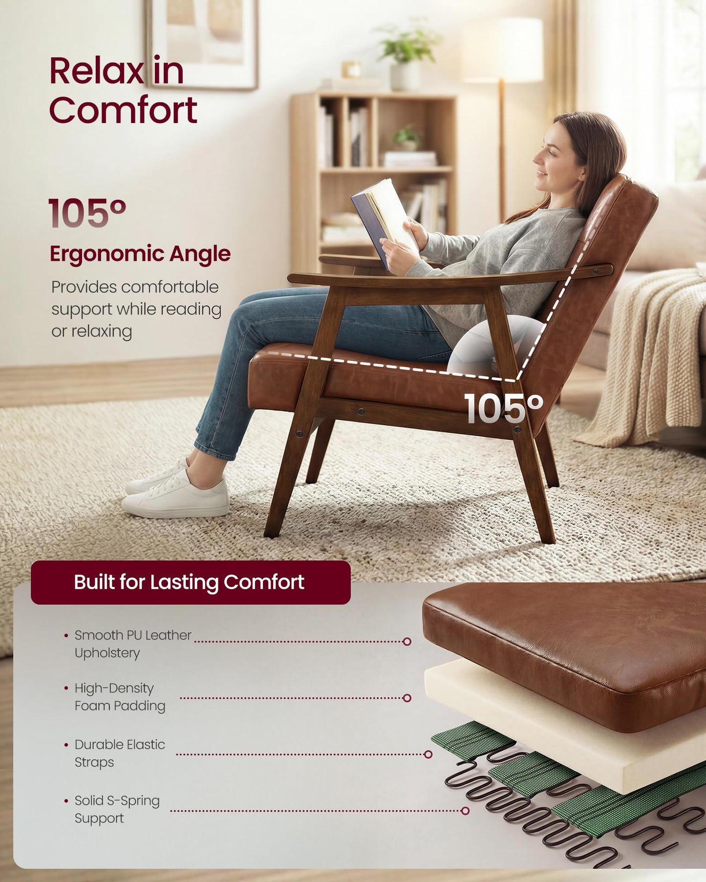 VASAGLE Accent Chair, PU Leather Armchair, Button Tufted Living Room Chair, Thick Cushion, Mid Century Modern Lounge Seating for Bedroom, Reading Nook, Home Office, Brown ULYY200KZ02S