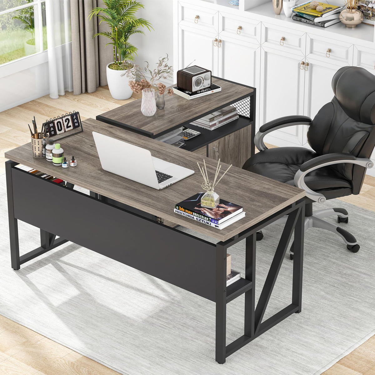 Tribesigns Grey Executive Desk with Cabinet, 55" L Shaped Computer Desk and lateral File Cabinet with Locks, 2 Piece Home Office Furniture Set for Hanging
