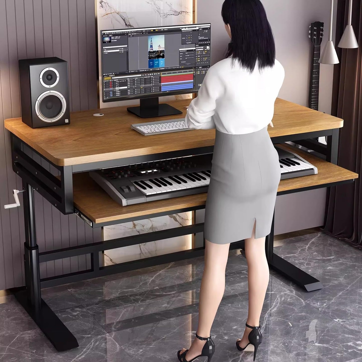 Music Studio Desk Workstation with Keyboard Tray, Office Computer Table with Organized Wiring/Keyboard Shelf Workbench Electronic Piano Midi Production Recording Studio