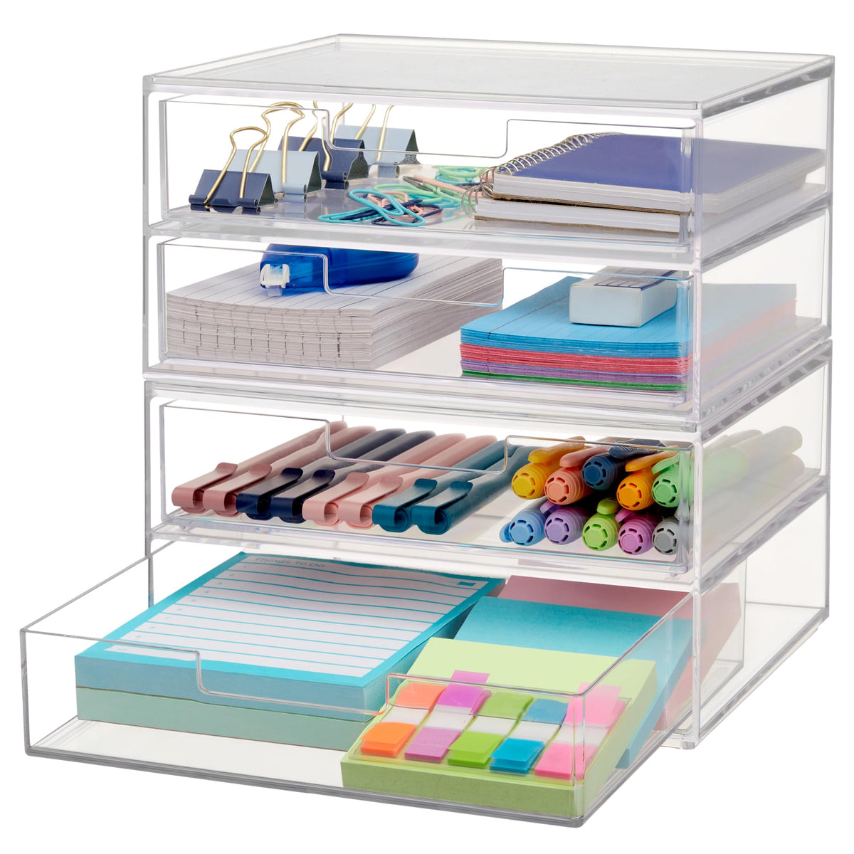 STORi Chloe Space-Saving Clear Drawer Organizer (4 Wide Drawers) Sort Office, Kitchen, Beauty Supplies, Makeup, Pens, Jewelry, Stationary, Made in USA