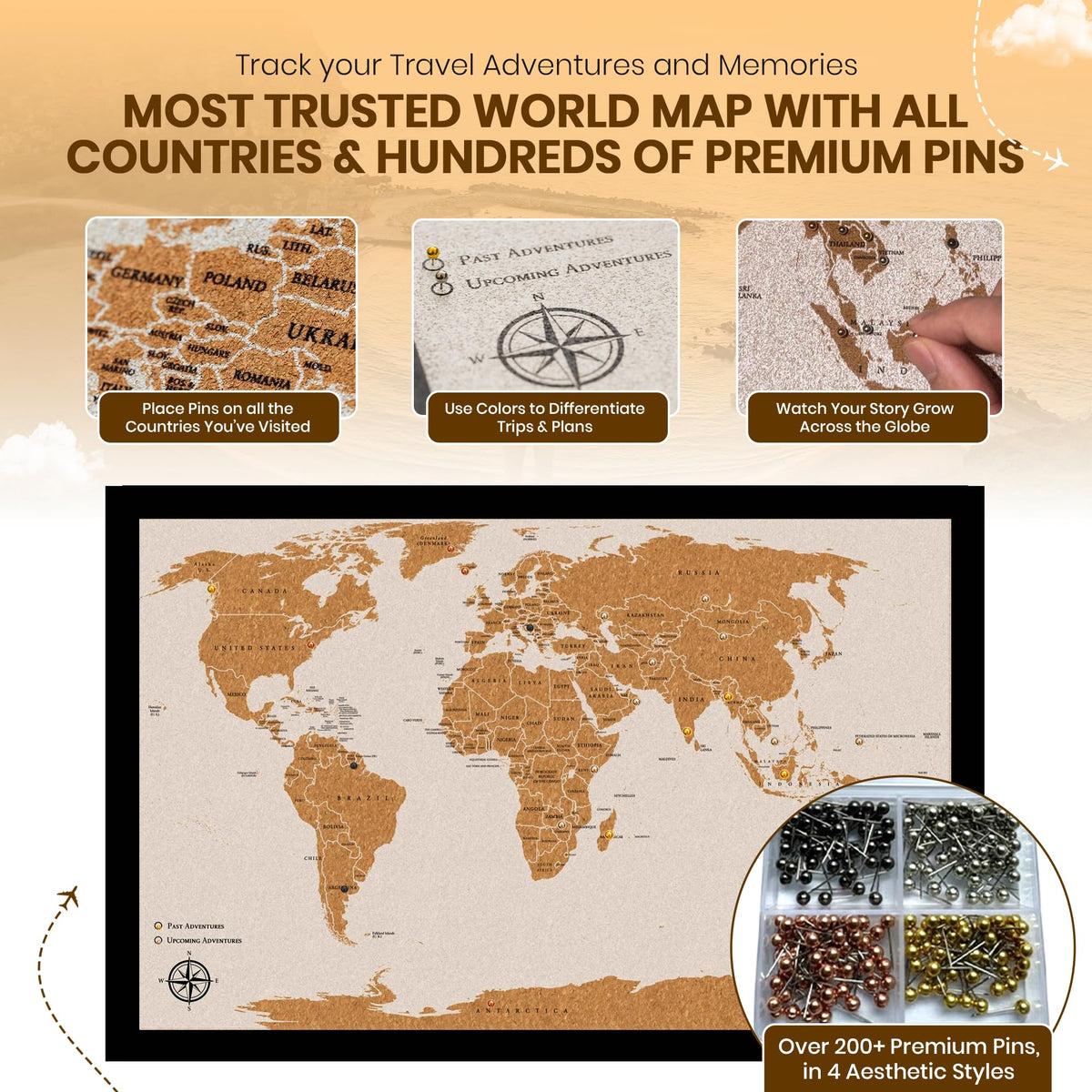 Large Push Pin World Travel Map – 30" x 20" Framed Cork Board Wall Art, Modern World Map with 200 Unique Pins for Tracking Adventures, A Premium Gift for Travelers, Couples and Families